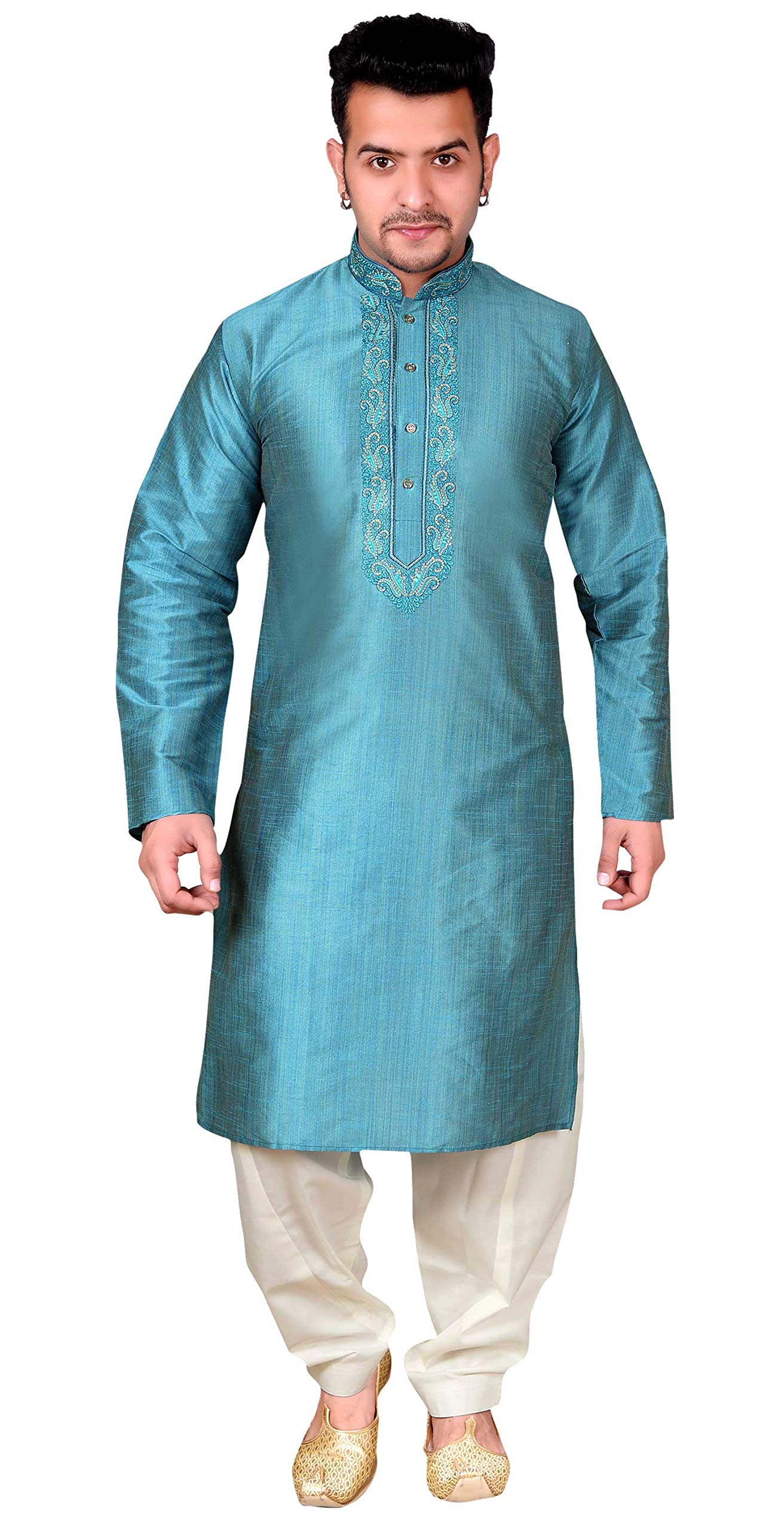 Desi Sarees Men's Kurta Pajama Salwar Kameez 2 Pcs Set Wedding Sherwani 1848 (36, Turquoise)