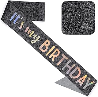 'It's My Birthday' Sash Glitter with Multicolor Foil - Black Glitter Happy Birthday Sash for Women - Party Favors Supplies and Decorations for Sweet 16, 18th 21st 30th 40th or Any Bday Party