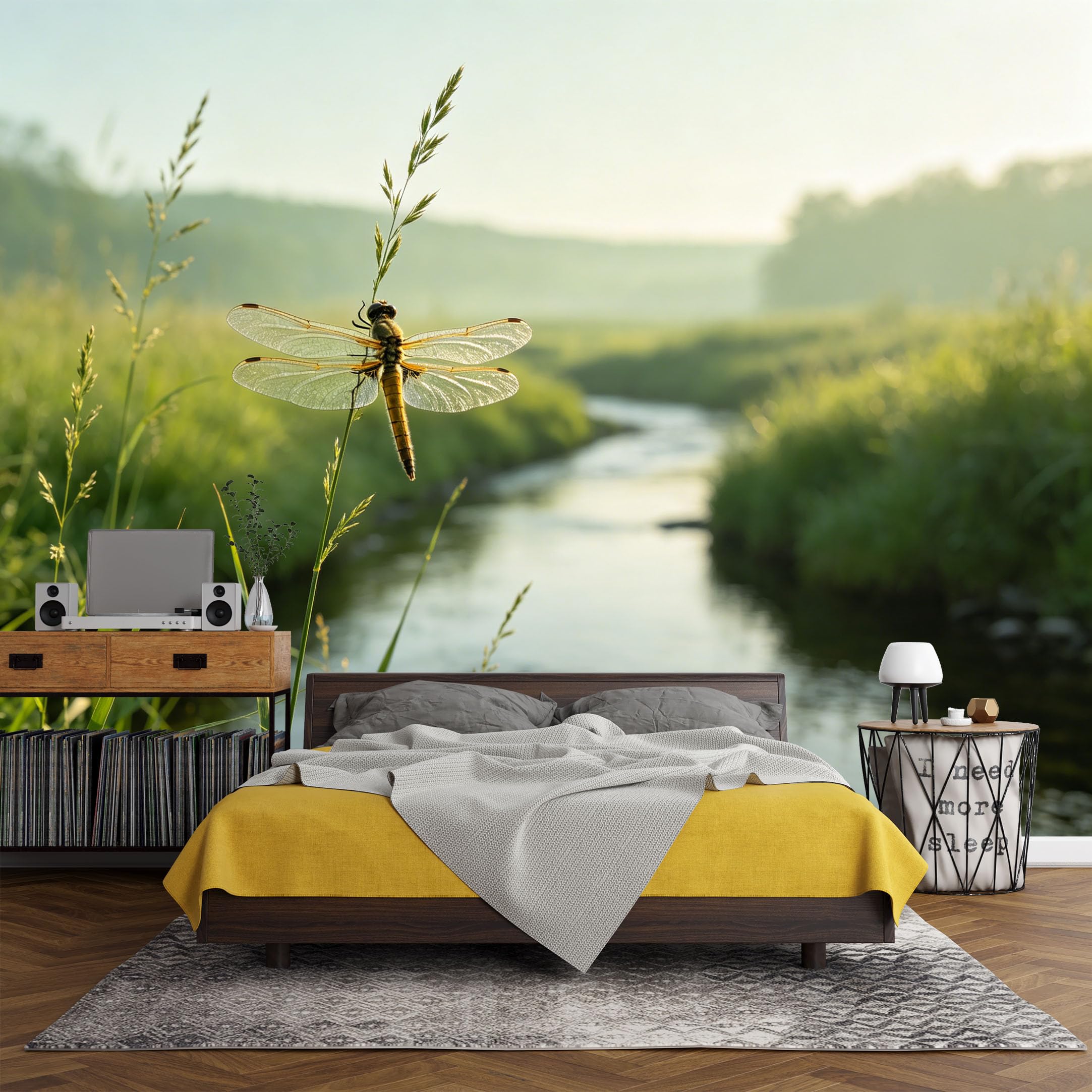 Custom Size Wall Mural， Botanical Dragonfly Meadow River Landscape Nature Scene，SelfAdhesive Art Prints wall Fabric (No PVC) Removable Wallpaper Living Room Decor
