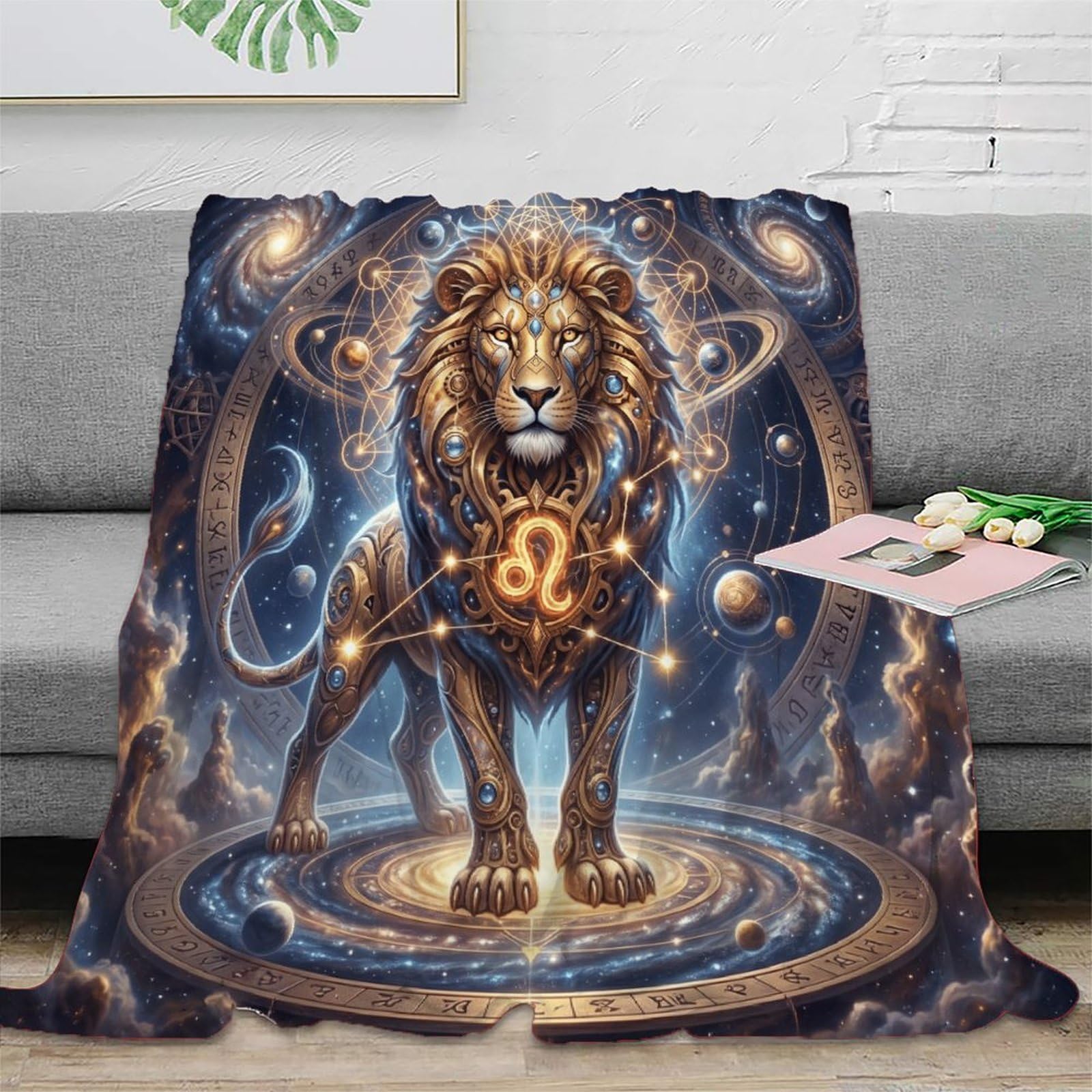 W7C8U2X3 Leo Zodiac Starry Galaxy Flannel Throw Blanket, Bedroom Sofa Couch