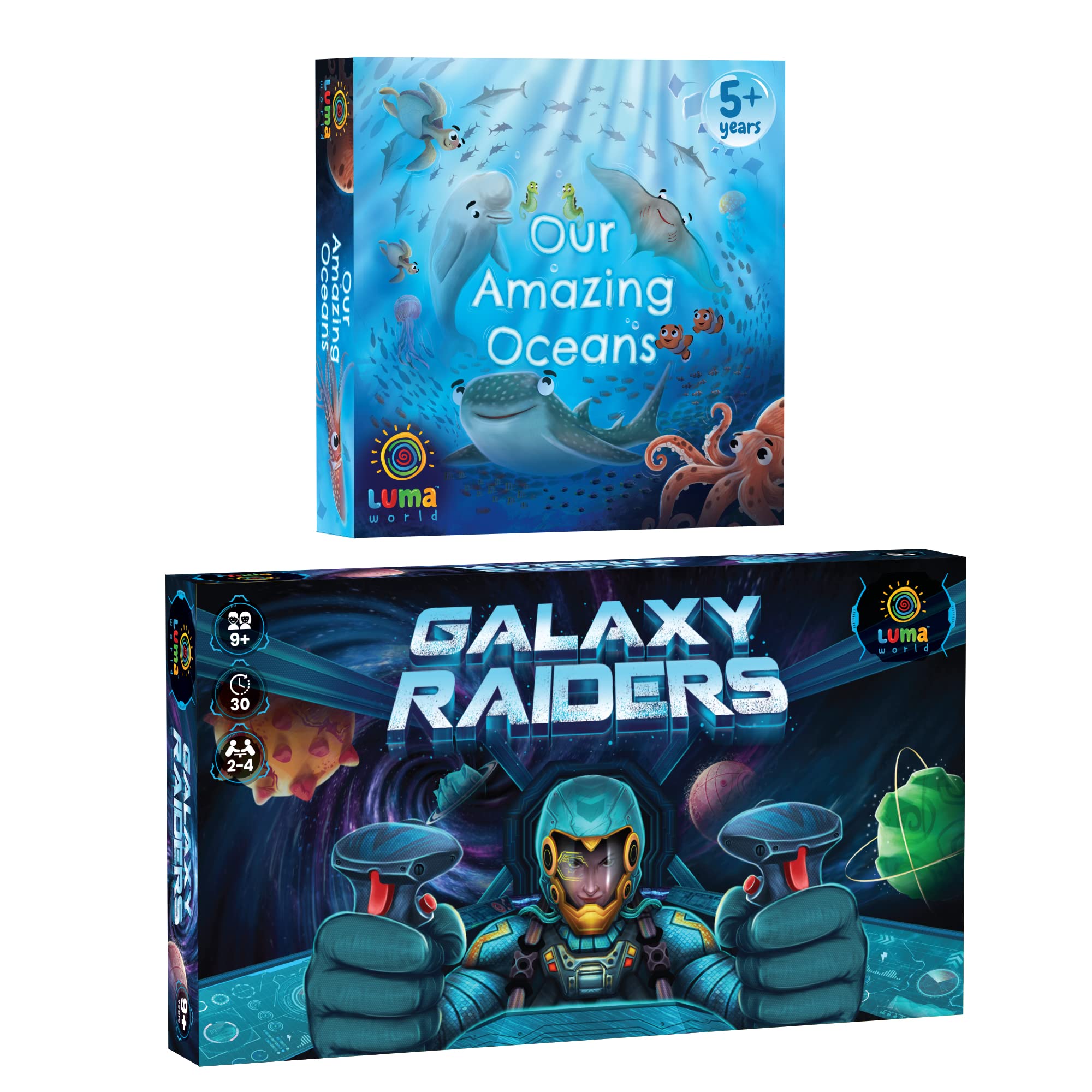 Luma World Educational Activity Bundle, Our Amazing Oceans and Galaxy Raiders, Jigsaw Puzzles, Flashcards, Trivia and Strategy Board Games to learn math for ages 5 and up