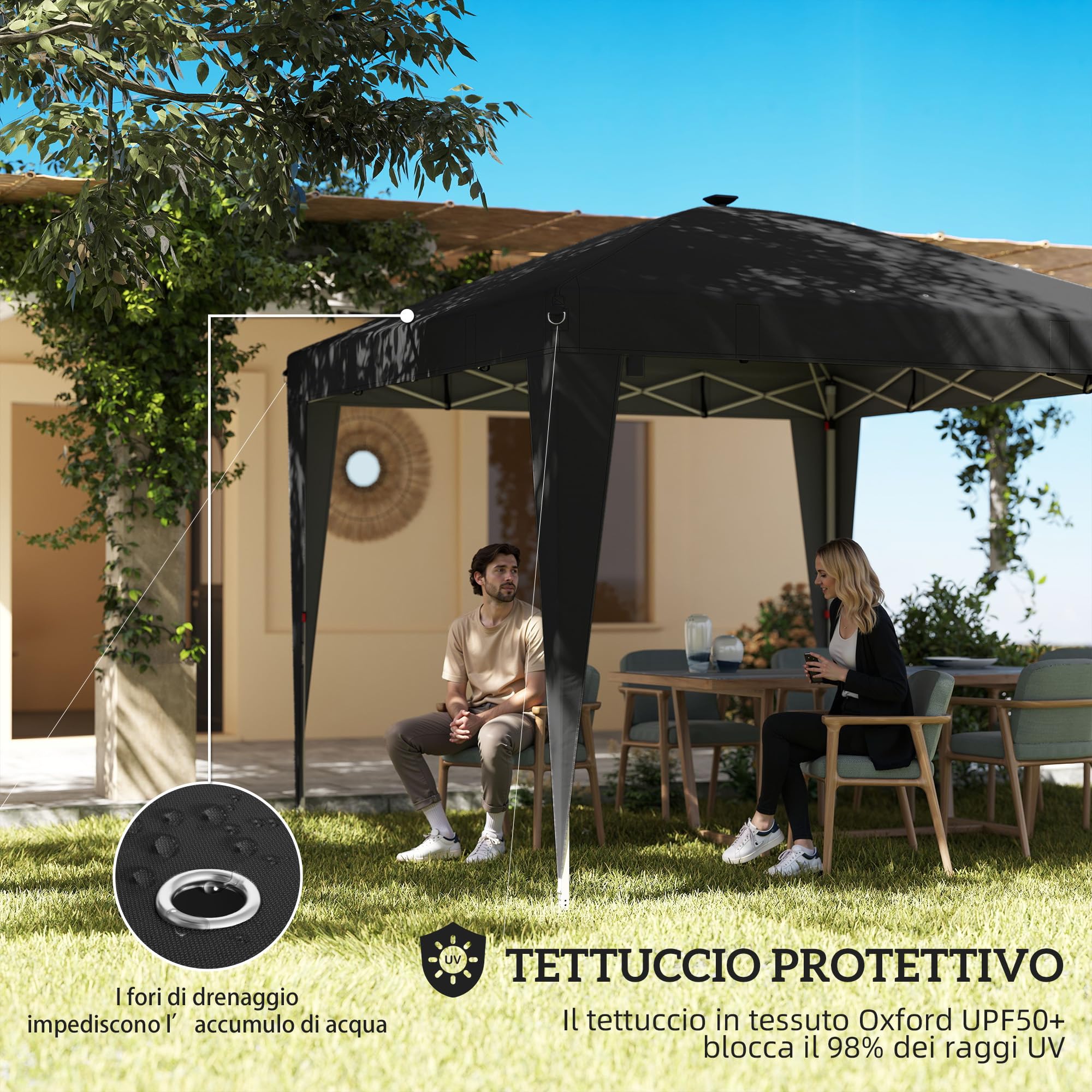 Outsunny Gazebo 3x3 m Pieghevole Pop Up ad Altezza Regolabile UV50+ Nero | Gazebo da Giardino, Luce Centrale e USB, Telecomando, Borsa da Trasporto, per Esterno Campeggio Feste