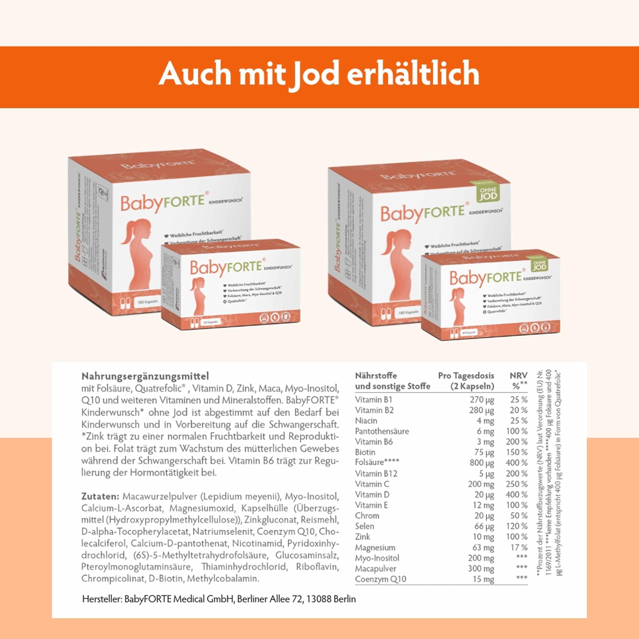BabyFORTE Kinderwunsch Vitamine ohne Jod - vegan- Quatrefolic, Folsäure 800, Maca, Inositol - 60 Kapseln - Vitamine Schwangerschaft ohne Jod
