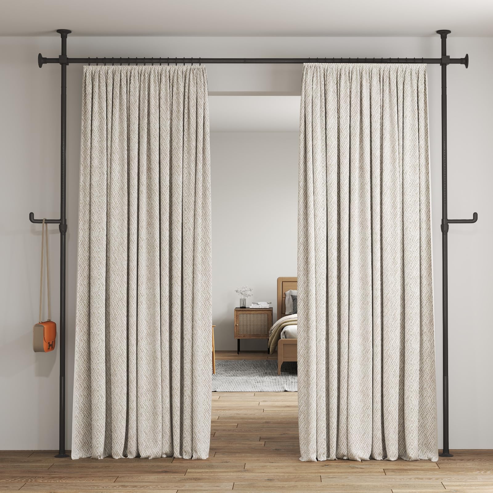 SMONTER Barra de cortina divisora de habitación, sin taladrar, barras de tensión de suelo a techo para cortinas, separación de habitación, independiente, 110-310 cm, ajustable, extra larga y ancha,