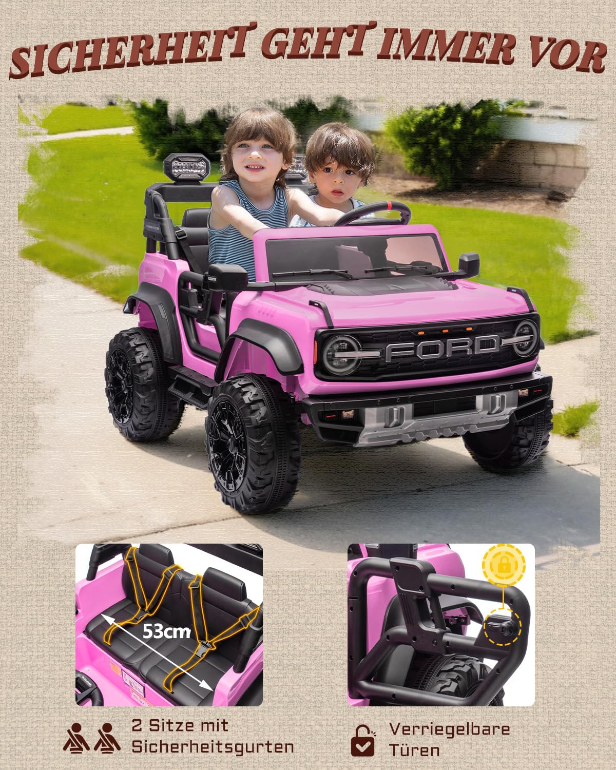First Ride On Lizenzierter Ford Bronco Raptor, 24V Elektroauto für Kinder, 2-Sitzer Aufsitzauto mit Fernbedienung, LED-Licht, Musik, High/Low Speed (Rosa)