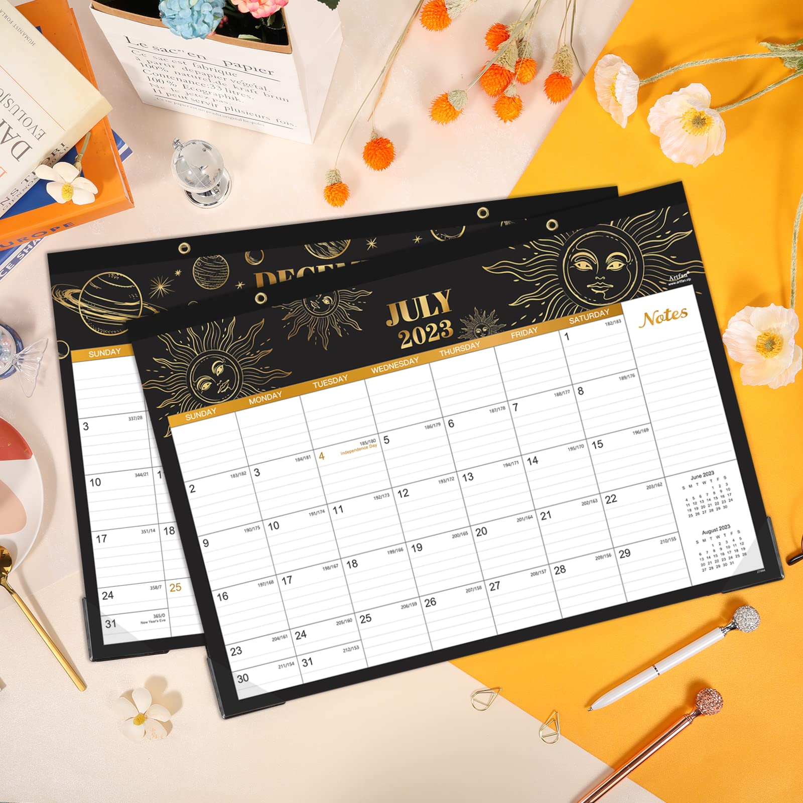 2023-2024 Desk Calendar - 18 Monthly Desk/Wall Calendar 2-in-1,16.8" x 12", July 2023 - December 2024, Thick Paper with Corner Protectors, Large Ruled Blocks - The Sun