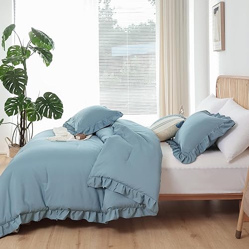 Miniatura 8 de JANZAA - Juego de 1 edredón acolchado tamaño king y 2 fundas de almohada, con volantes, suaves, de estilo bohemio, vintage, campestre, shabby chic