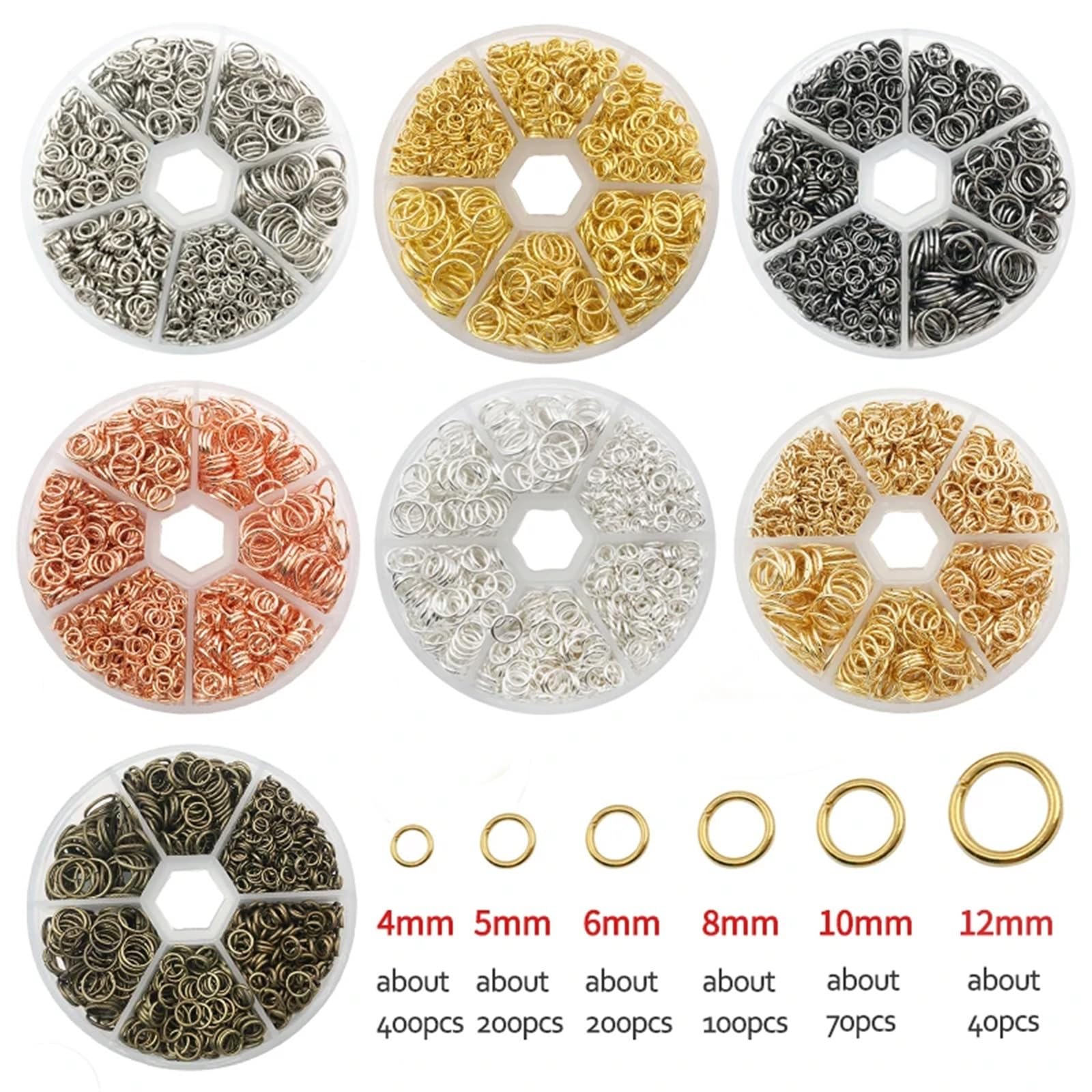 Biegeringe für Schmuckherstellung, 6 Boxen, offene Binderinge, Splitverbinder, Eisenring für DIY-Schmuckherstellung (4 mm, 6 mm, 8 mm, 10 mm) (Mix)