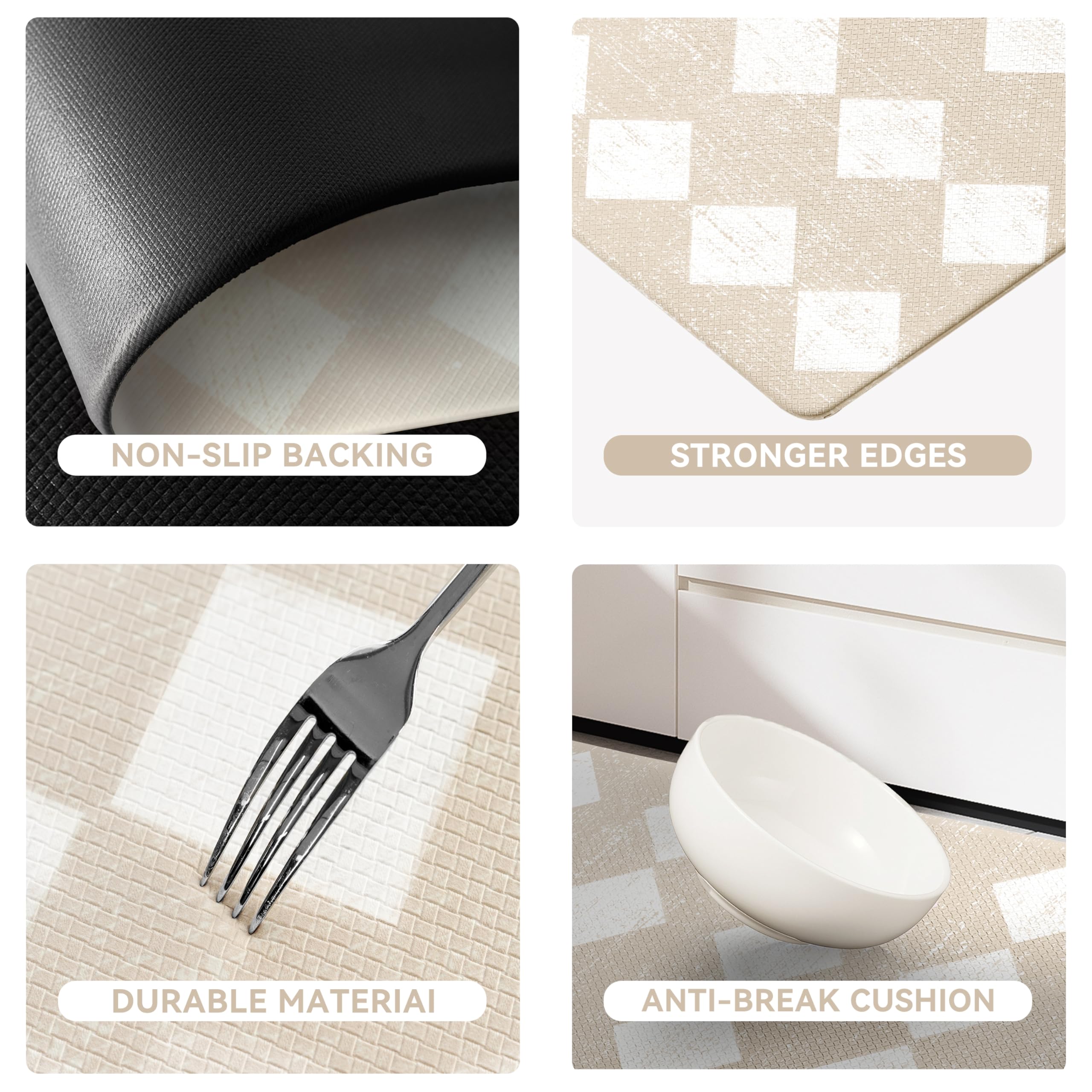 Juego de 2 alfombras de cocina a cuadros de color crema con diseño de enrejado marroquí, antifatiga, impermeables, antideslizantes, resistentes, ergonómicas, cómodas, para suelo, hogar