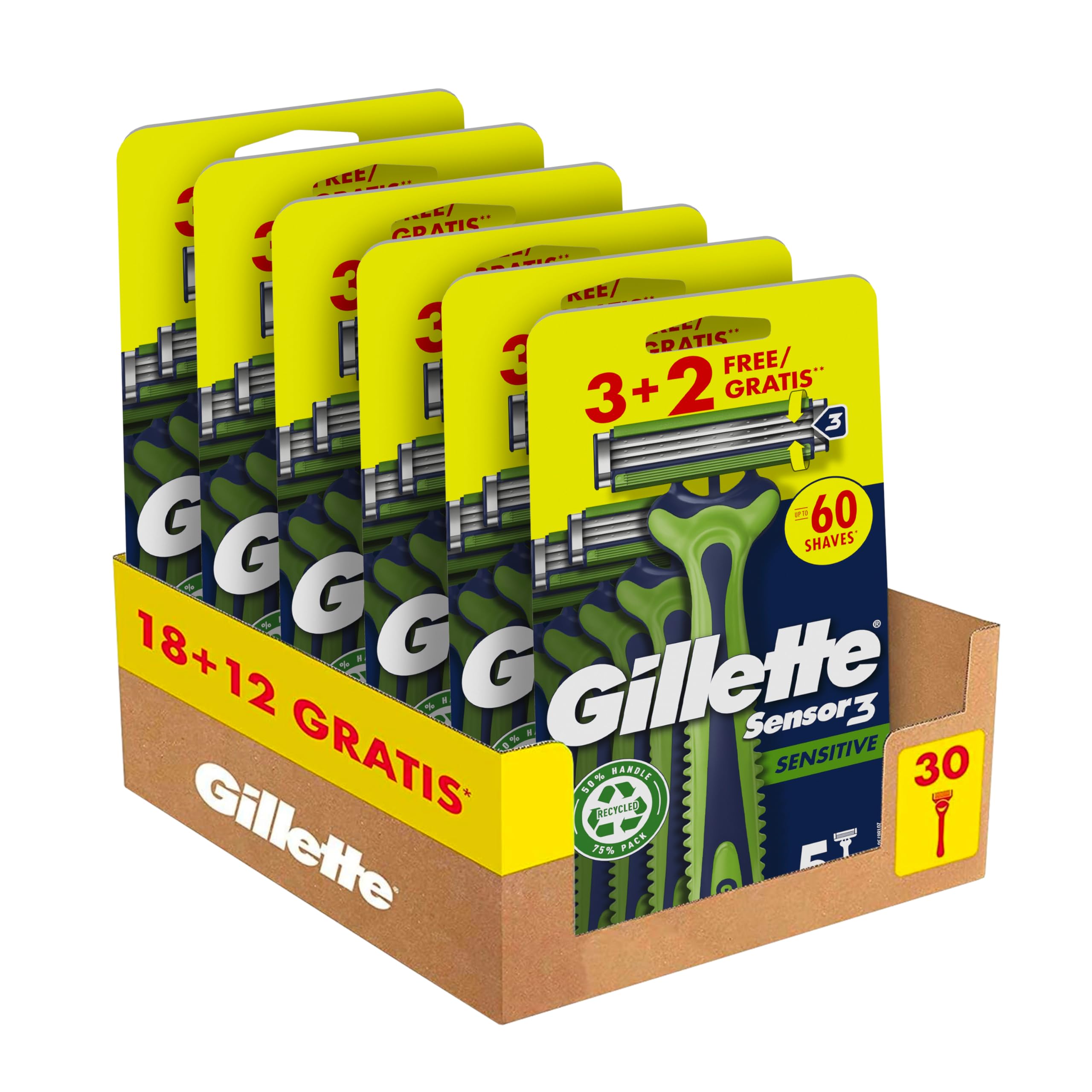 Gillette Sensor3 Sensitive Rasoio Uomo Usa e Getta, Confezione da 3+2 Rasoi, Fino a 10 Rasature Ottimali con Ogni Singolo Rasoio