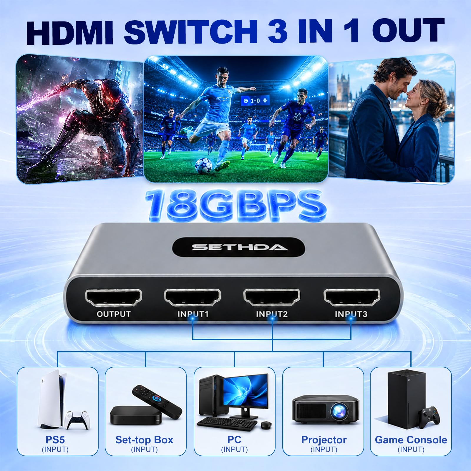 Interruttore HDMI2.0 3 in 1 Out, 4K @ 60HZ UHD HDMI Switch Box con telecomando e adattatore di alimentazione, commutatore HDMI multifunzione supporta HDCP 2.2 HDR 10+ CEC 3D, Dolby Audio