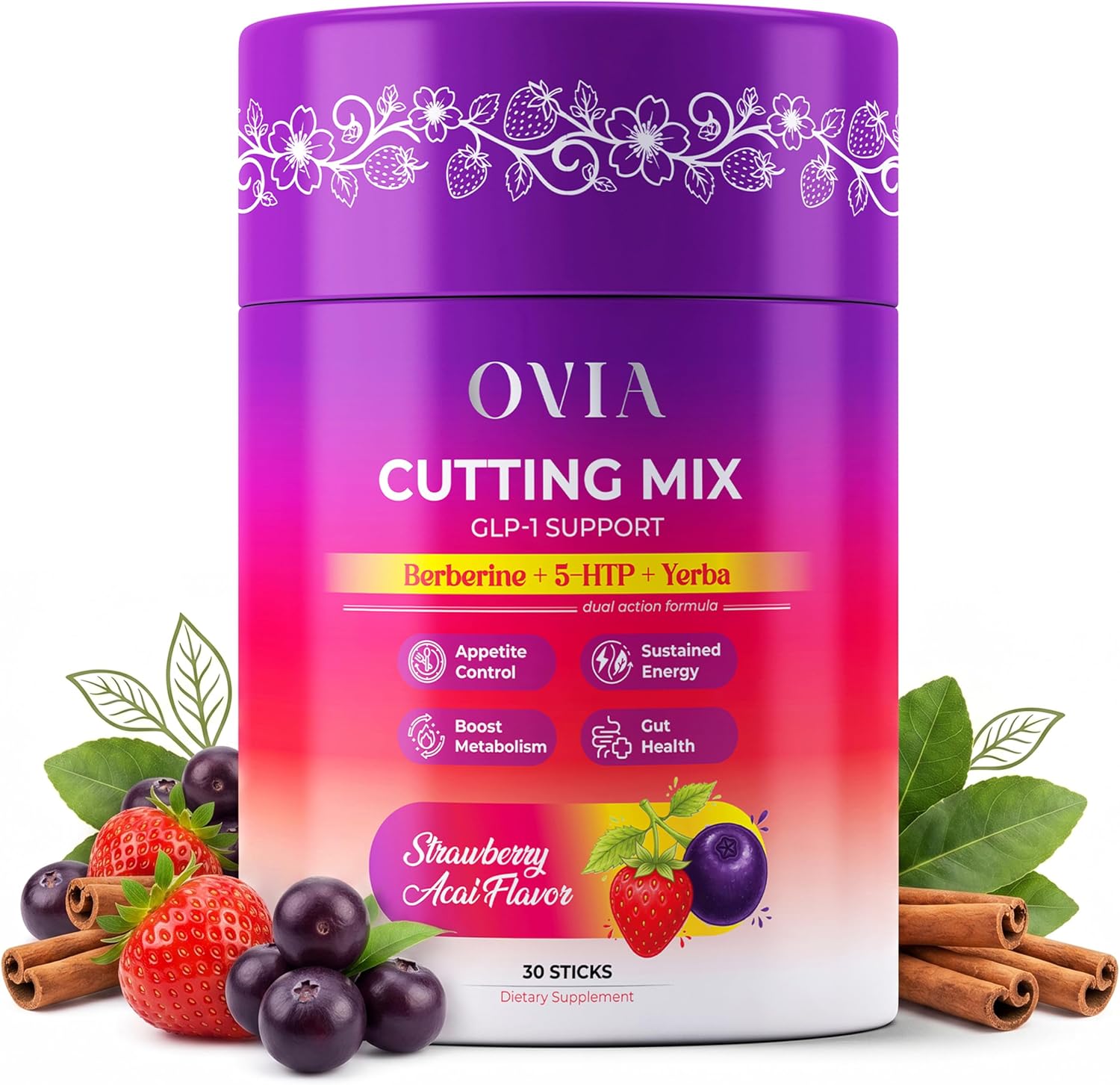 OVIA Cutting Mix Craving Control & Weight Management Powder with Yerba Mate, Berberine, 5-HTP, Inulin FOS, L-Theanine, Chromium, Cinnamon & Ginger - Strawberry Acai - 30 Sticks