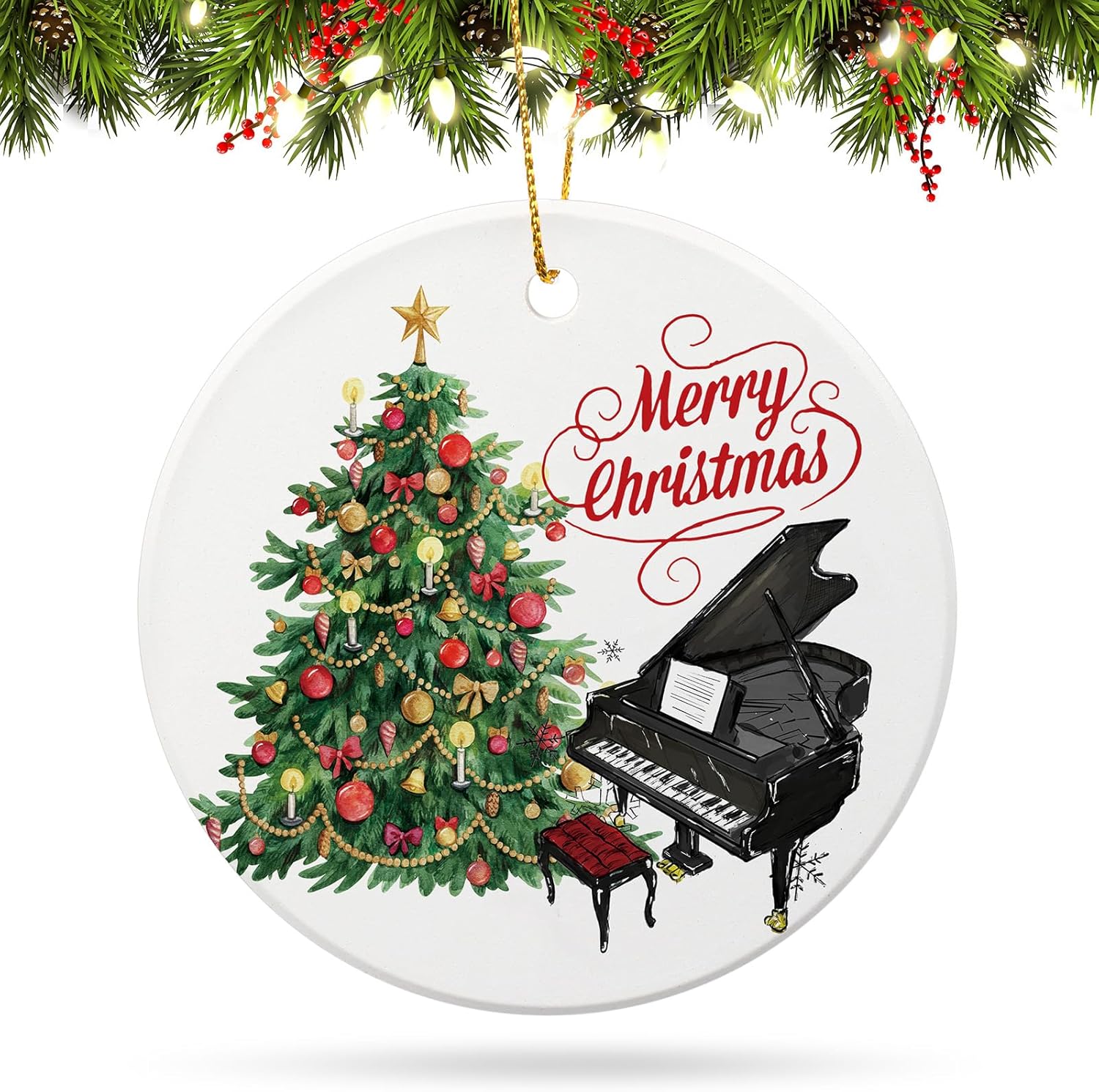 Thyle 1 Pcs Christmas Piano Ornaments for Christmas Tree Piano Gifts with Velvet Bag Musical Instrument Hanging Ornaments Ceramic Decor Double Sided Gifts for Music Lovers Players Teacher Student