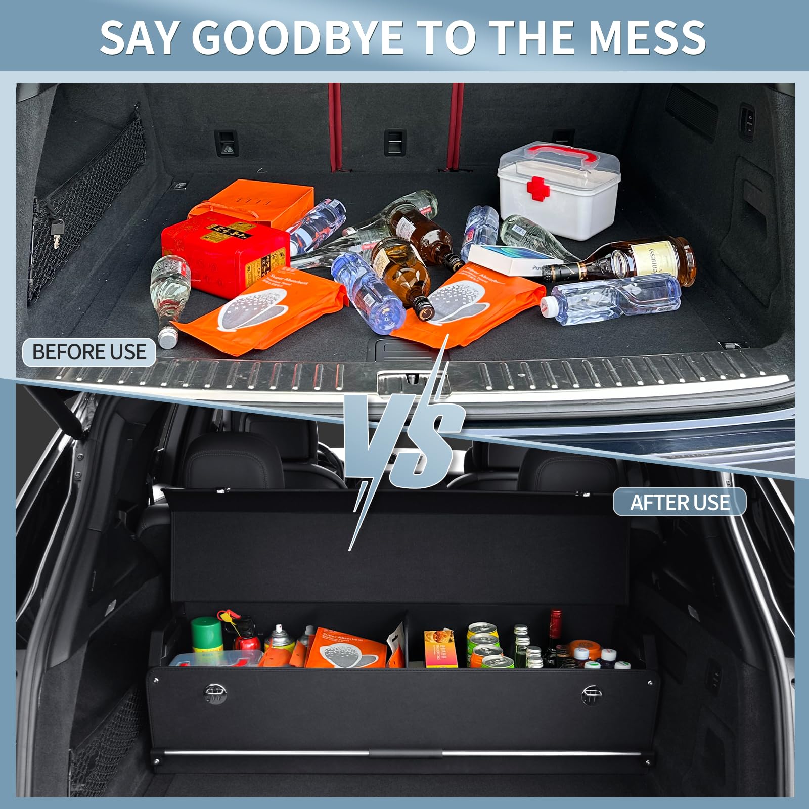 Organizer Bagagliaio Auto, in pelle impermeabile, con coperchio e manico stabile, vano portaoggetti per imballaggio, accessori SUV/Organizer Auto(nero, 101 * 29 * 31cm)