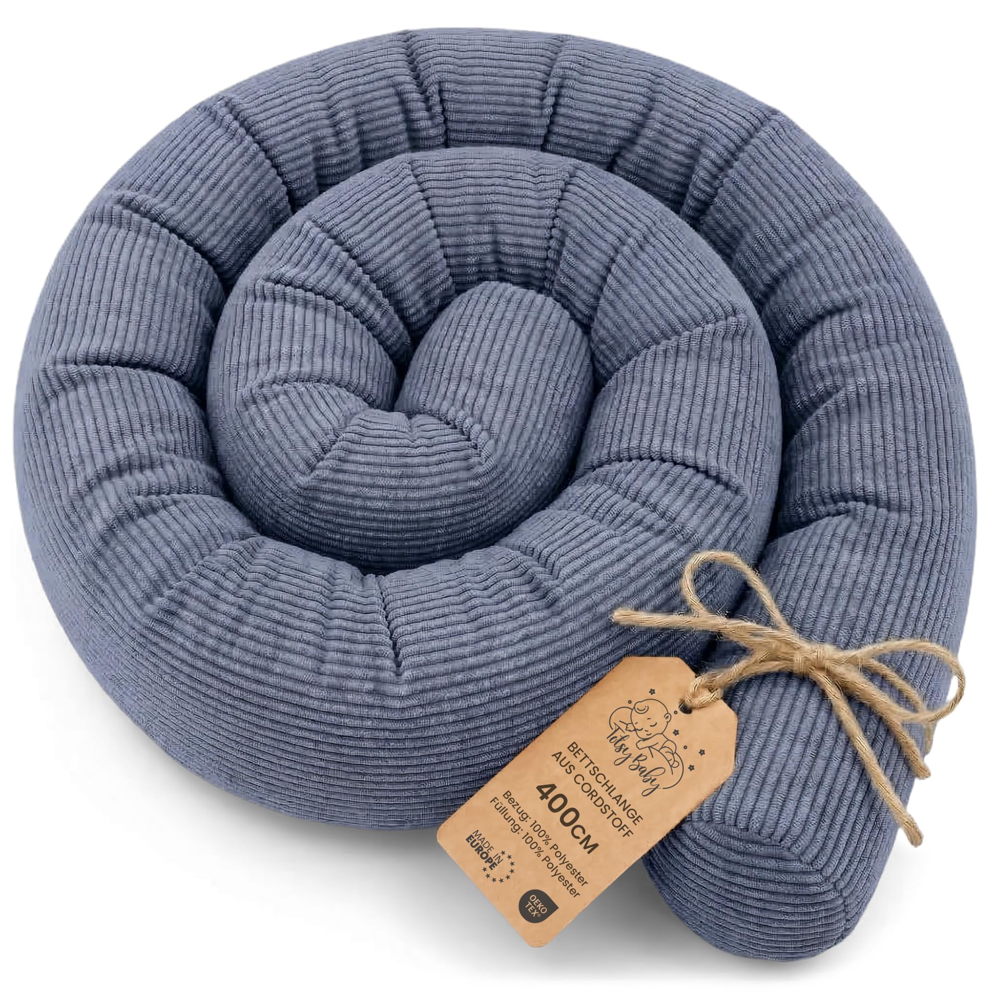 Totsy Baby Seitenschläferkissen Bettschlange Body Pillow 400 cm - Kopfkissen lang Bettrolle Schlafkissen Nackenrolle Kissen Oeko-Tex Jeansfarbe Cordstoff