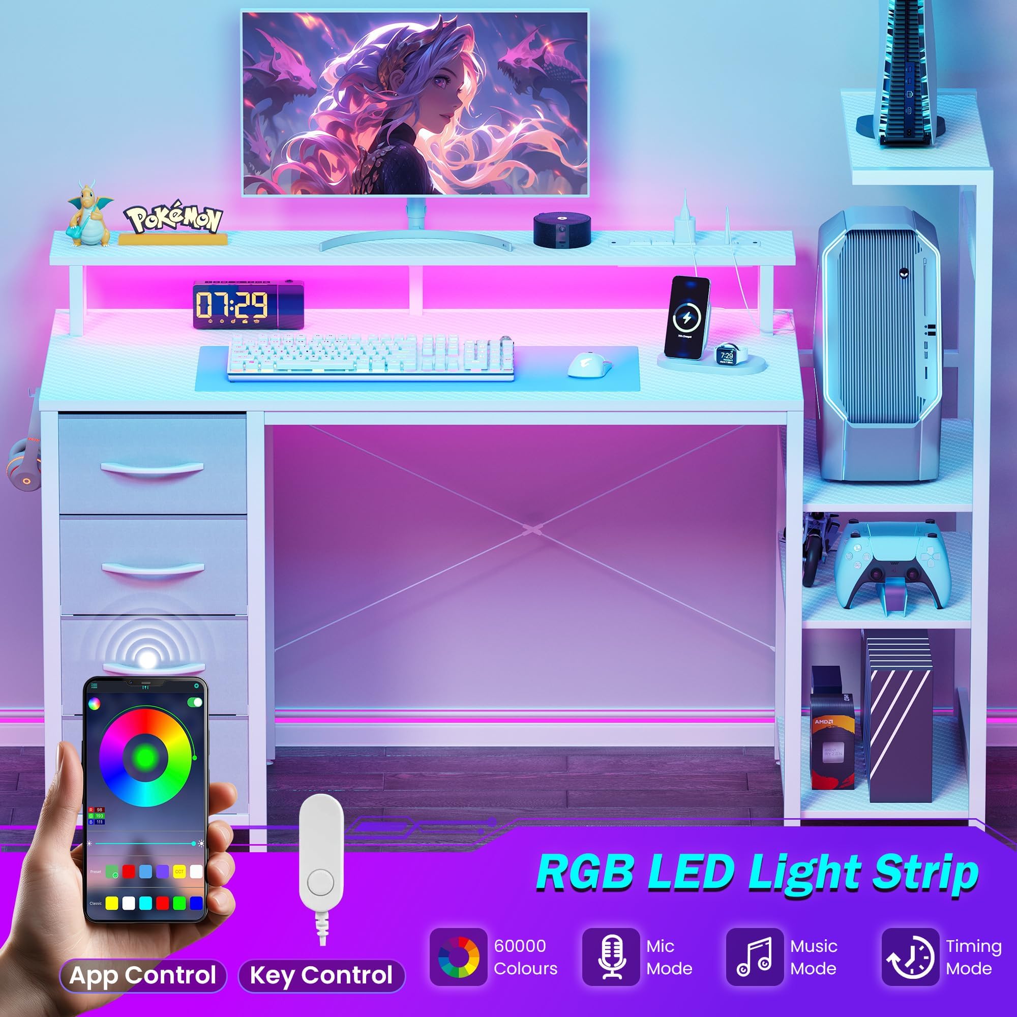 YOUDENOVA Scrivania da gioco con 4 cassetti in tessuto, 150 x 48 cm, reversibile, con LED e presa, scrivania da ufficio con supporto per monitor, porta USB, tavolo per PC per casa, ufficio e giocatori