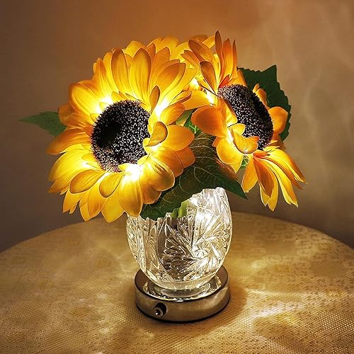 Lámpara de mesa de girasol, plantas artificiales LED con florero de cristal, luz nocturna recargable por USB, lámpara de escritorio regulable sin