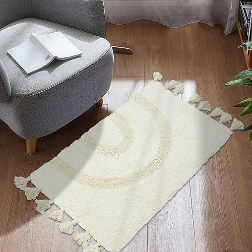 Miniatura 6 de Alfombras de baño bohemias con borlas, 100 % algodón, tejida a mano, antideslizante, absorbente, con almohadilla para alfombra, alfombra de baño