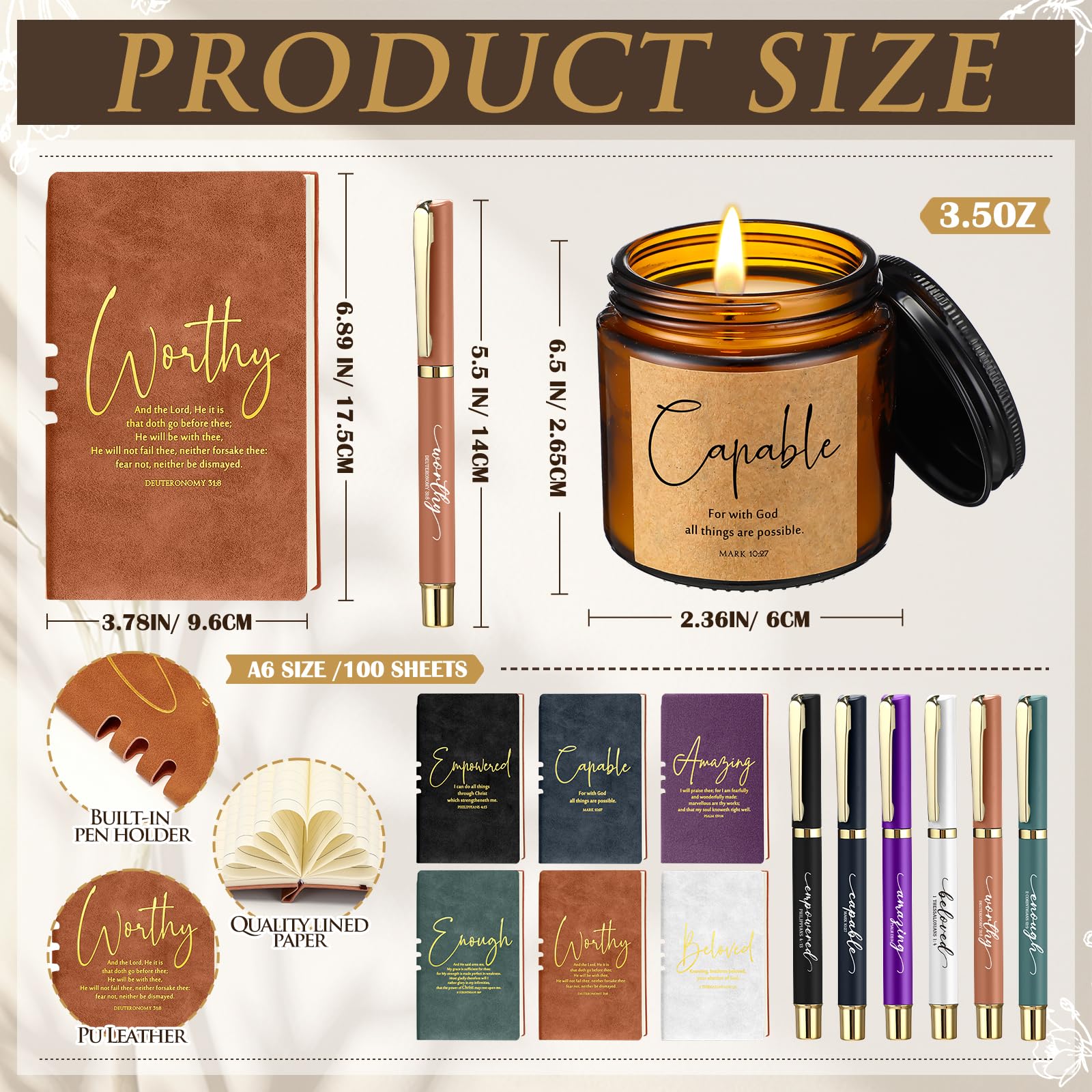 FillTouch 6-teiliges Set christliche Geschenke, 425 ml, Keramik-Bibelversen, Kaffeetasse, A6, Leder-Tagebuch mit Stift und Duftkerze, inspirierendes, religiöses Geschenk für Frauen, Männer