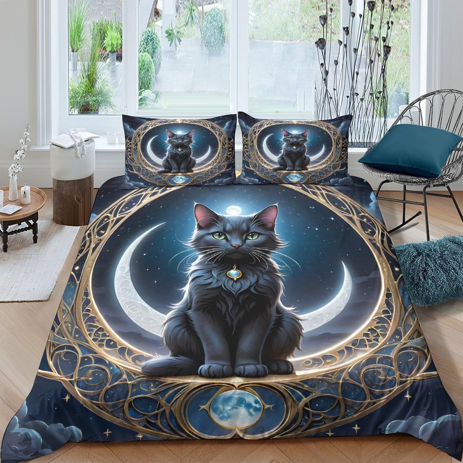 Ctjqhvkz Style-10 3D Printed Mystic Black Cat Fitted Sheet Microfiber Soft Breathable Crescent Moon Bed Cover For Bedroom Decor Single（135X200cm）