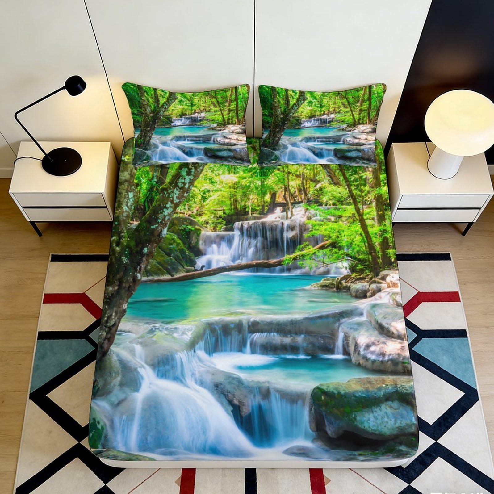 3D Printed Waterfall Forest Fitted Sheet Microfiber Soft Bedroom Decor Lake Scene Mattress Cover 90x200x25cm