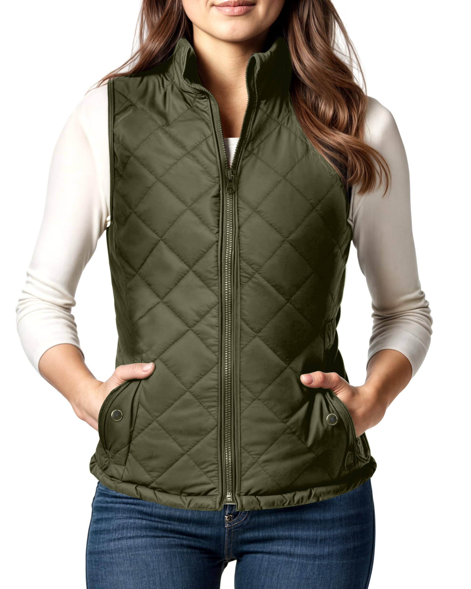 ny threads puffer vest women slim fit lightweight stand collar quilted zip puffer vest, medium, green