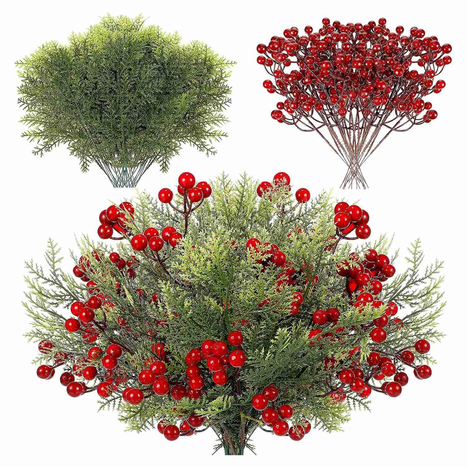 CTRLZS 48Piece Christmas Artificial Faux Cedar Branches Greenery Pine Stems Picks for Xmas Green&Red