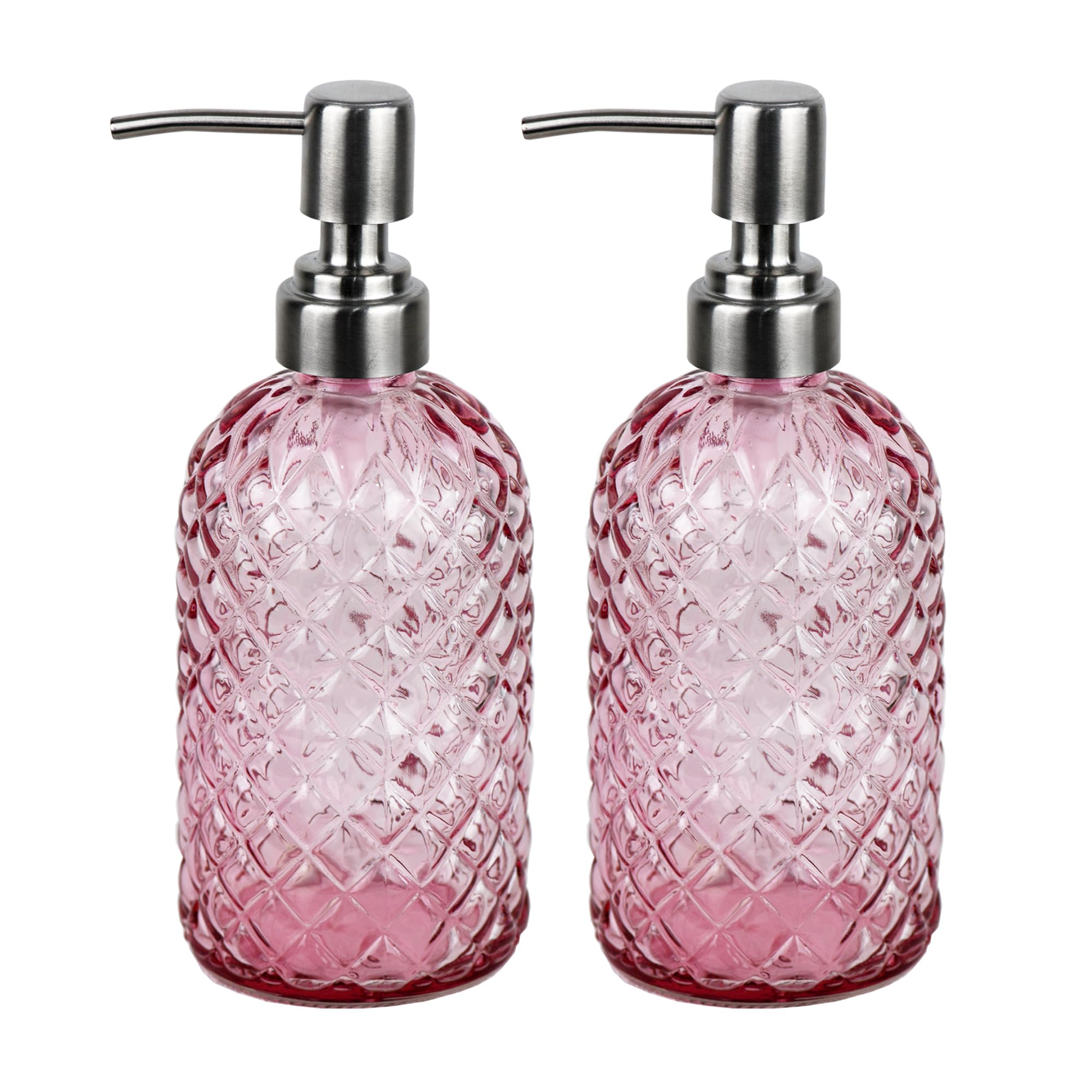 Funly mee Bathroom & Kitchen Glass Hand and Dish Soap Dispenser with 304 Rustproof Stainless Steel Pump (Pink-2pack)