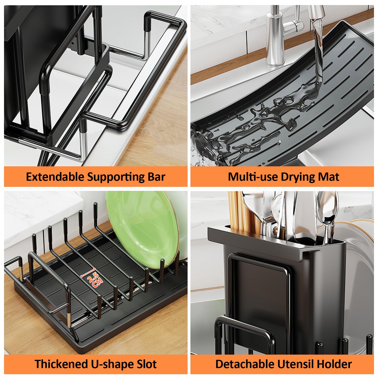 Piccolo scolapiatti telescopico sopra il lavello, scolapiatti con vassoio in silicone per scolapiatti per lavello da cucina e piano di lavoro organizer per stoviglie