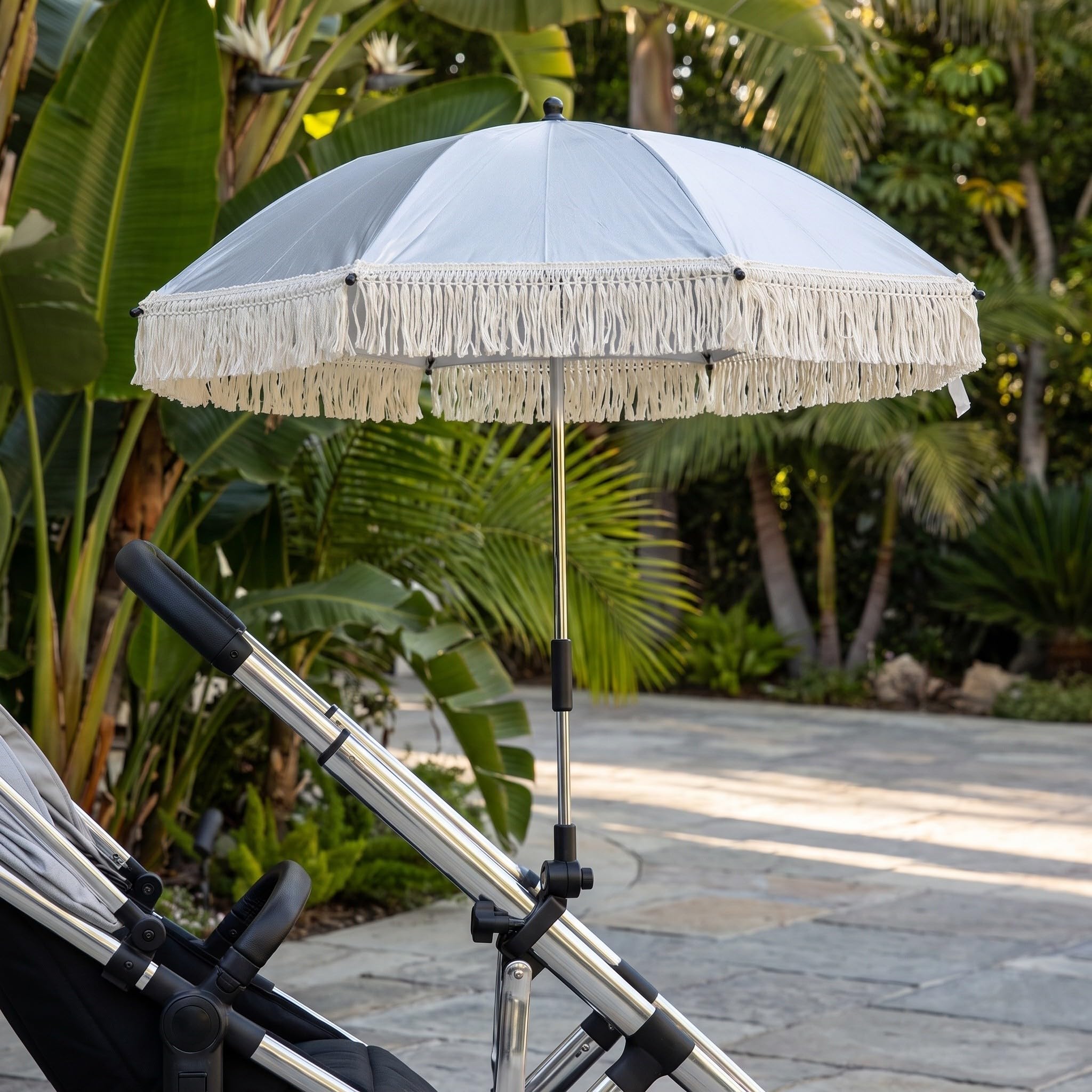 Lurrose Parasol plegable para cochecito de bebé con pinza, sombrilla UV con borlas para cochecito, carrito, viajes y sombra al aire libre, silla y accesorios de camping.