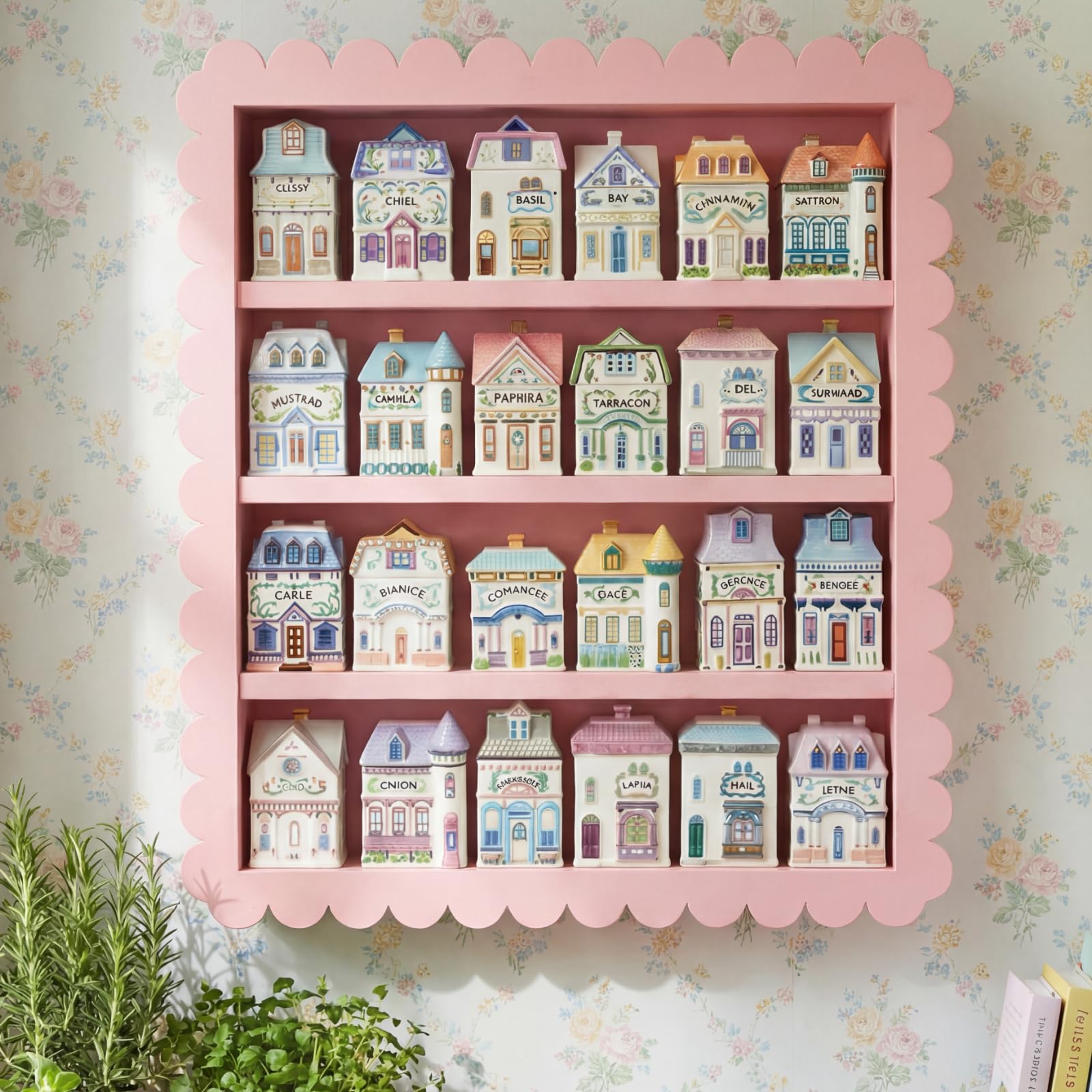 Chunful Vintage Spice Village Wooden Rack 22 x 17 x 4 Inches Pink 4-tier Display Shelf with Scalloped Edge for Wall Mounting Kitchen Storage Spice Village Display Rack for 24 Jars, Shelf Only
