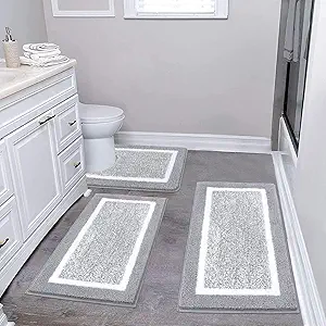 Pauwer Bathroom Rug Sets - 3 Piece Shower Mats with U-Shaped Contour Toilet Mat, Absorbent Microfiber Plush Bath Mats, Non Slip, Machine Washable Shaggy Floor Mats