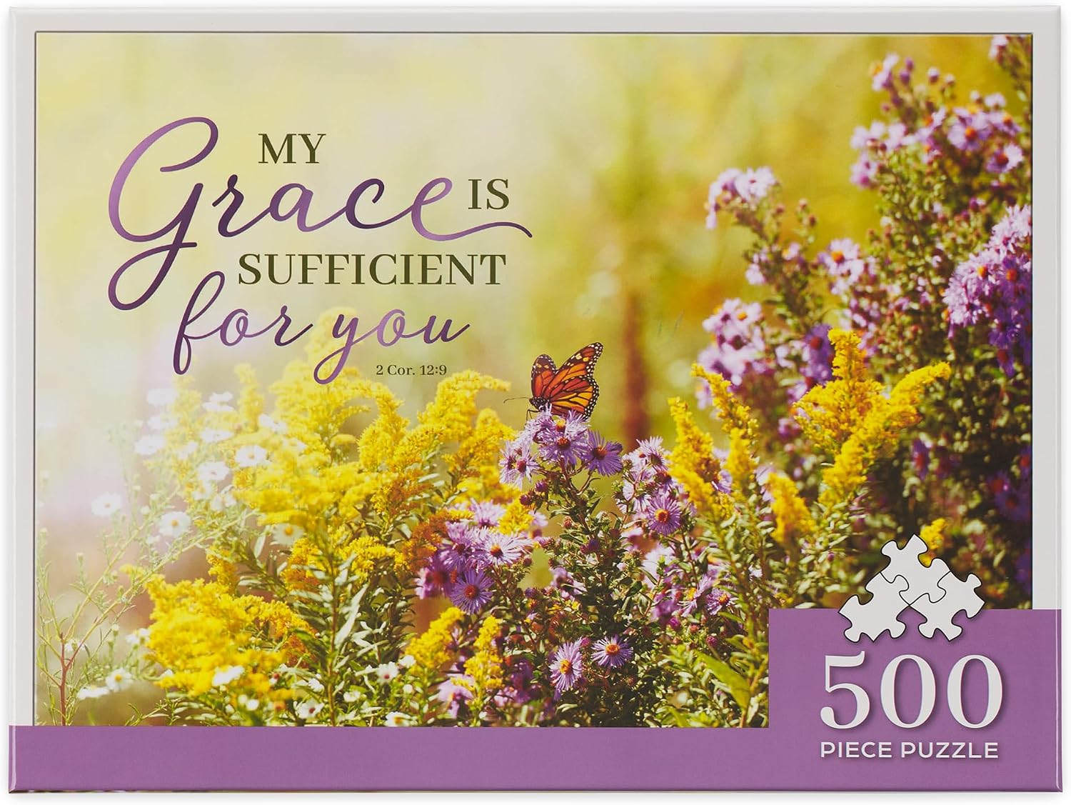 Christian Art Gifts 500 Piece Inspirational Scripture Jigsaw Puzzle for Women: Grace is Sufficient Encouraging Bible Verse, Sturdy Easy Fit Die Cut, Yellow & Purple Butterfly Garden, 18" x 24"