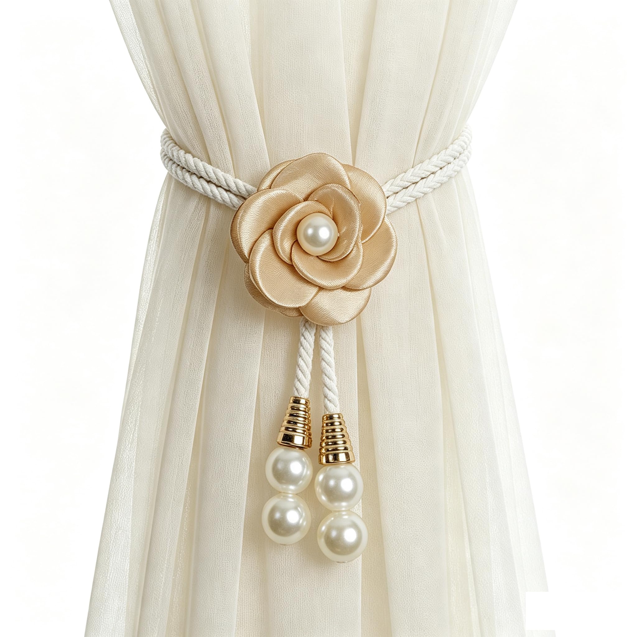 2pcs Rope Tie Backs for Curtains, 55cm Camellia Flower Curtain Tiebacks