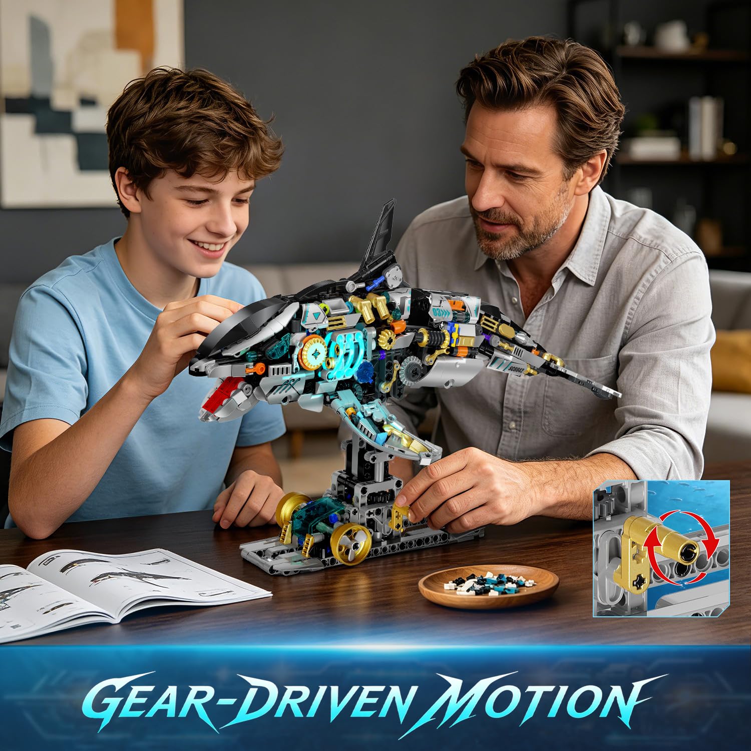 INSOON Orca Meccanica Set di Costruzione STEM per Bambini 12+ | Kit costruzione orca con meccanismo a manovella, gioco marino STEM, regalo di compleanno e Natale per bambini e adulti