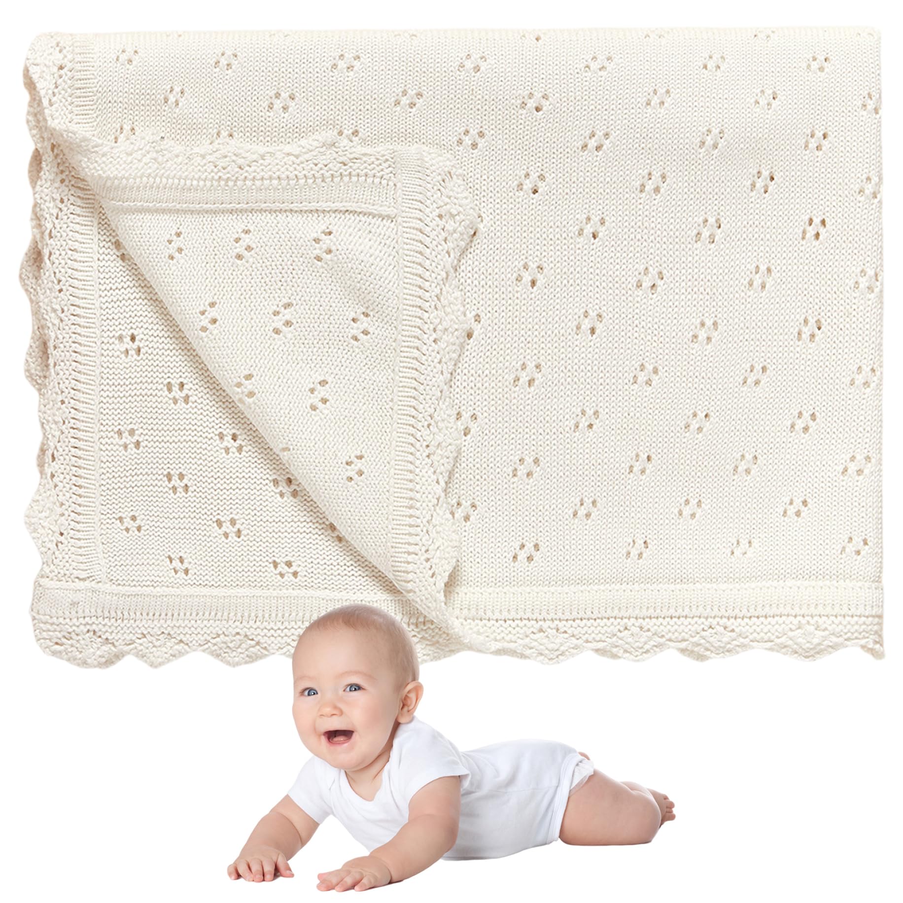 Cellular Blankets Bebé, Manta de algodón Suave y Transpirable de 32 x 39 Pulgadas, edredón de Punto Blanco para bebés recién Nacidos y niñas