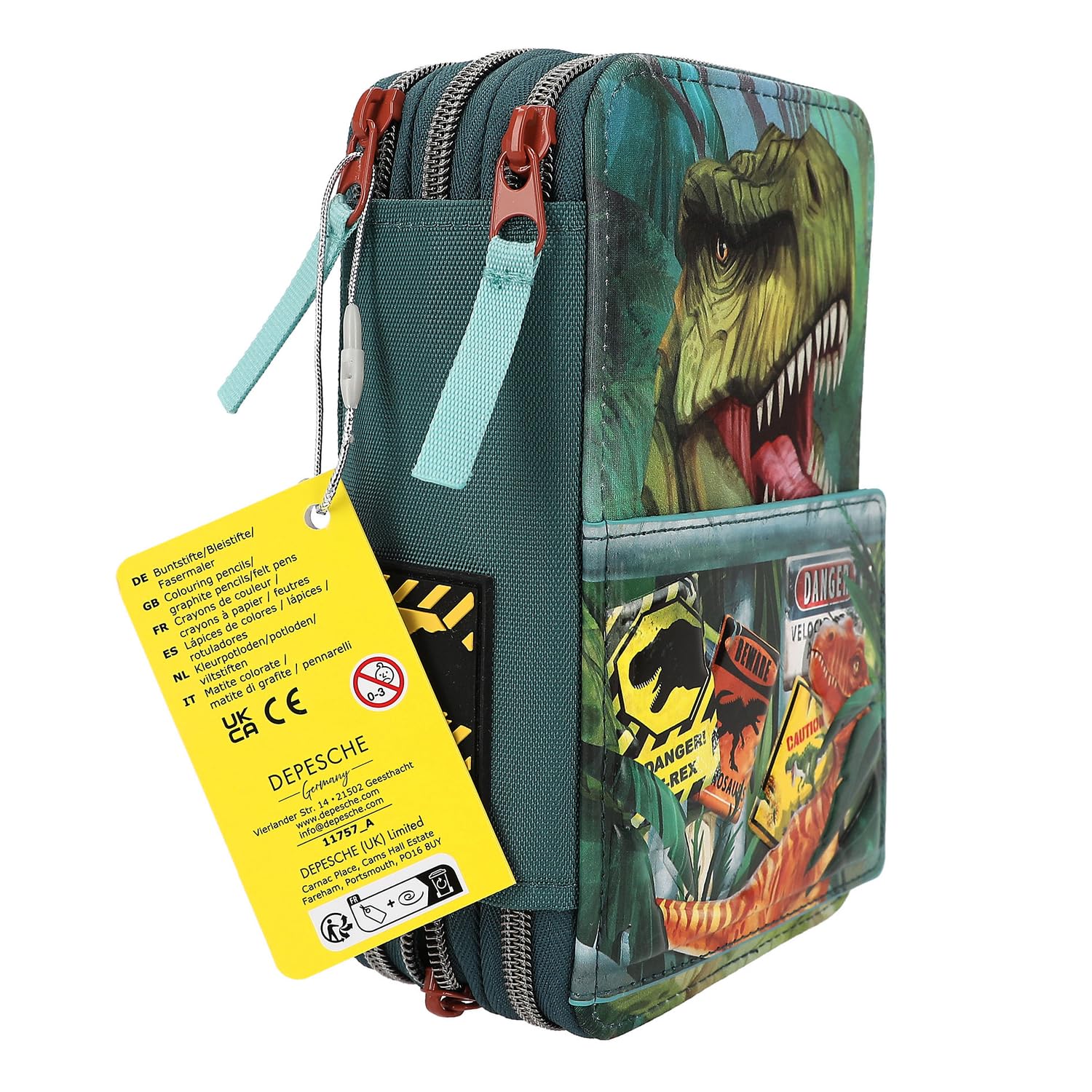 Depesche 11757 Dino World Danger Trousse à 3 Compartiments avec Motif Trex, Vert foncé, Crayons de Couleur, règle, Ciseaux, etc., Bleu [Toy]