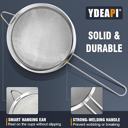 Miniatura 10 de Ydeapi Colador de malla fina grande de 9 pulgadas con asa, coladores de alimentos de metal para cocina, tamiz de malla fina de acero inoxidable para