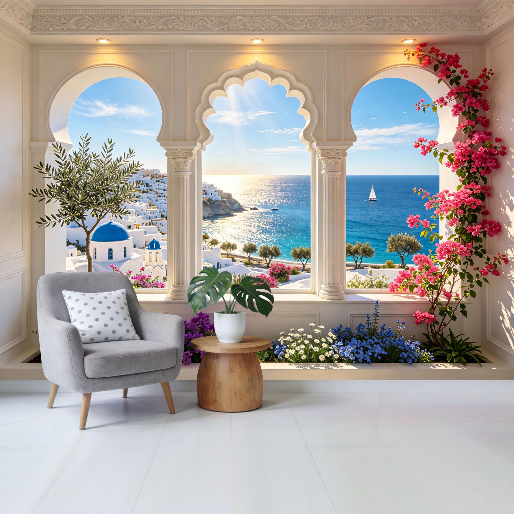 Custom Size Wall Mural Mediterranean Coastal Ocean View Greek Architecture Floral Balcony Removable Self Adhesive Fabric Home Wall Decor for Living Room Bedroom Bathroom