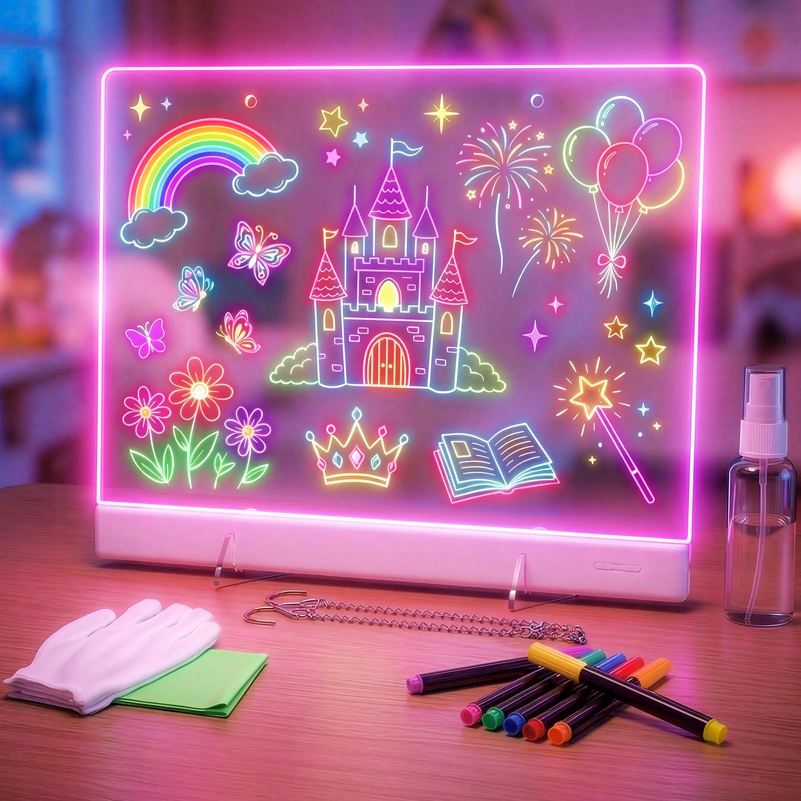 16" LumiBoard LED Drawing Board for Kids - 7 Colors & 10 Modes Rechargeable Acrylic LED Note Board with 7 Markers Cleaning Kit, Birthday Gifts for Kids/Girls/Teens