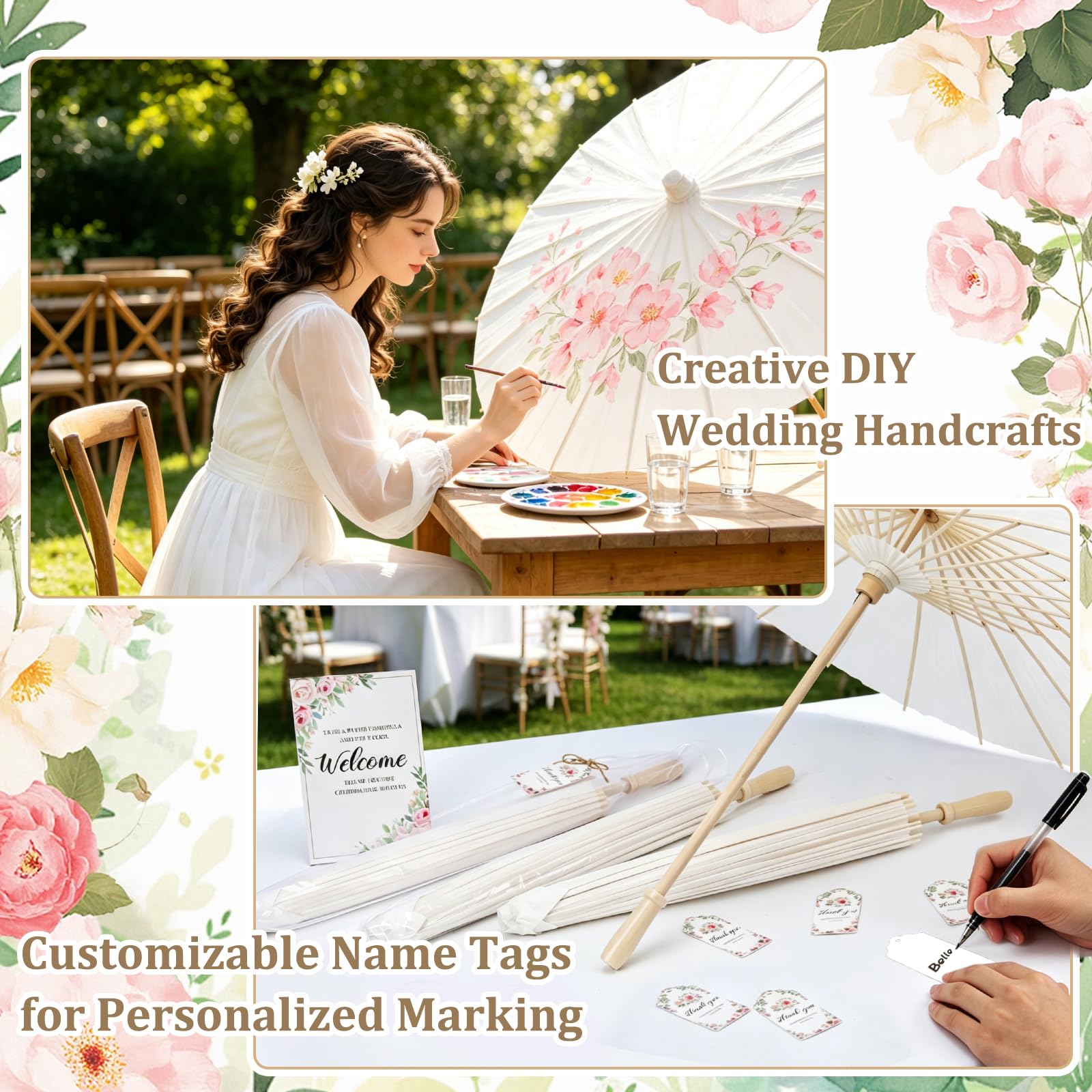 Mototo 12 Sets 83 cm weißer Papier-Sonnenschirm für Hochzeit, chinesischer japanischer Papierschirm mit faltbarem Aufbewahrungskorb, DIY-Malerei, weißer Sonnenschirm, Dankeschön, Hochzeitsgeschenke