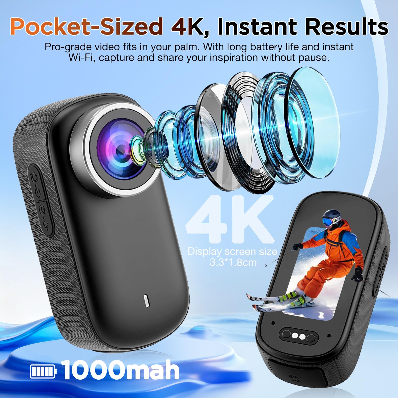 4K Action Kamera Mini Bodycam 180° Drehbarer Bildschirm Magnetische Freihändig POV Kamera 64GB Karte 30m Wasserdicht Unterwasserkamera
