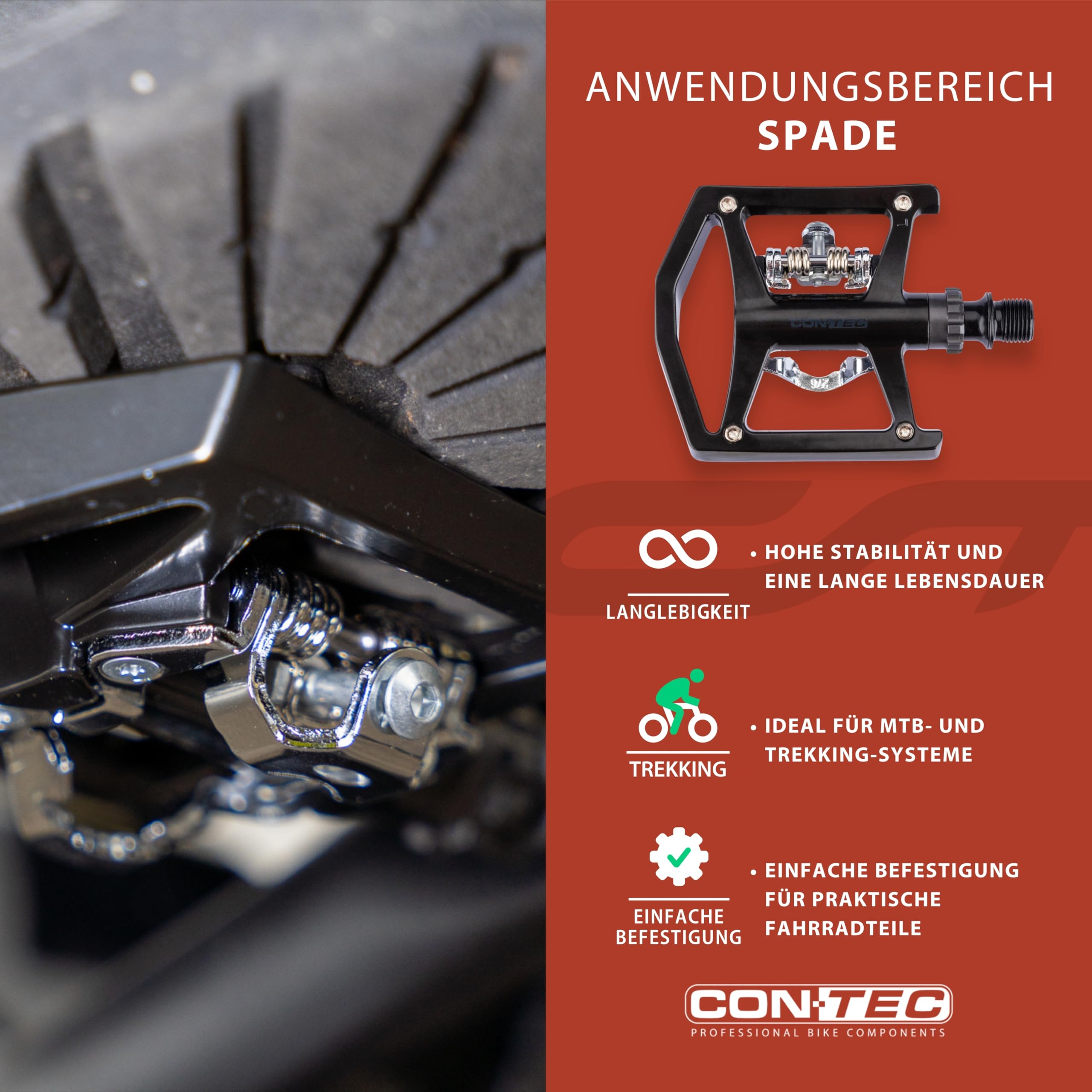 CONTEC Fahrrad-Systempedale Spade, 9/16", Aluminium, kompakt, MTB-Klickpedal mit SPD-System, Flexibel Einstellbar, Robuste Qualität, Schwarz, Paar