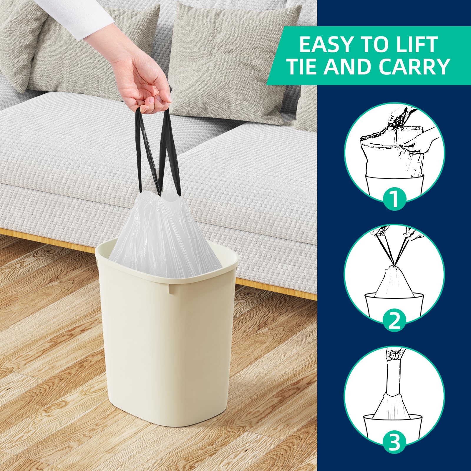 KSSKSS KSSKSS - Mini bolsas de basura con cordón de 4 galones, bolsas de basura pequeñas de 10-15 litros, 2.6-4 galones, bolsas de basura blancas para el hogar, oficina, cocina, baño, dormitorio, 120