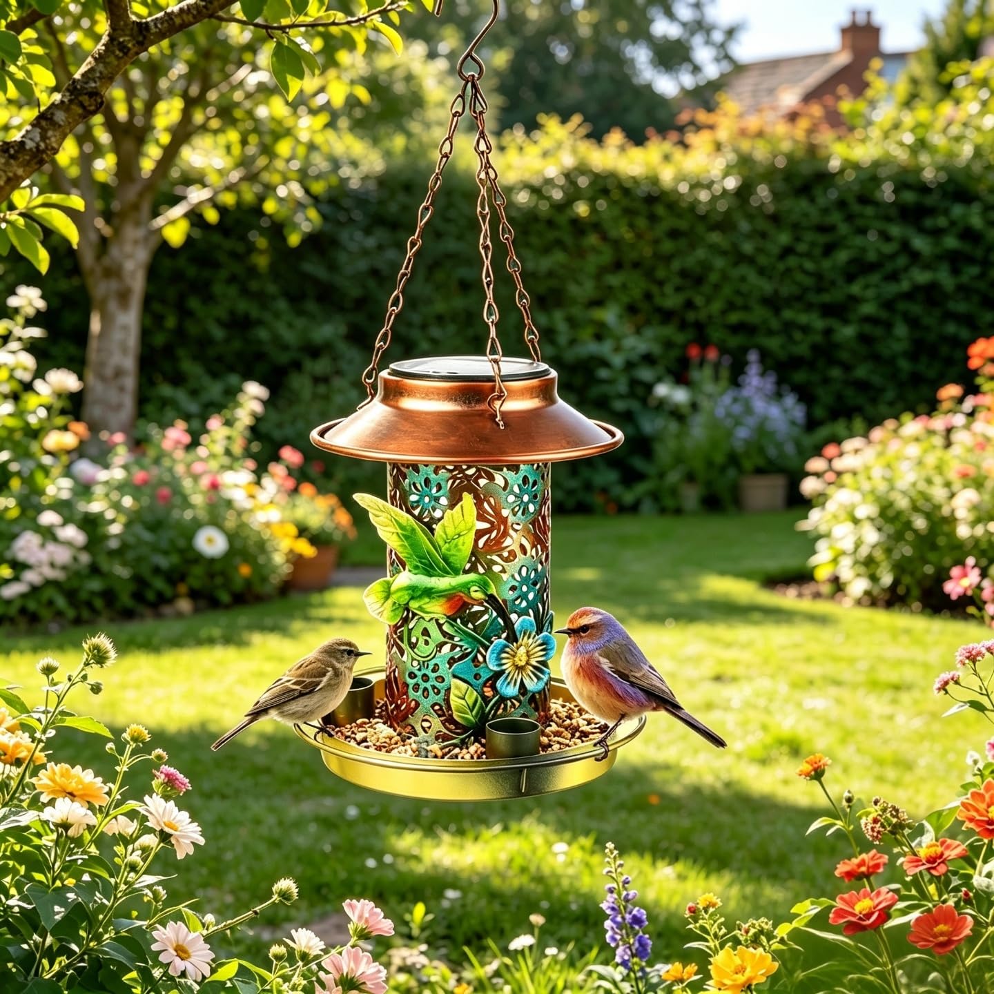 Mangiatoia solare per uccelli per esterni, in metallo resistente, da appendere, con luce per giardino, cortile, esterno, regalo decorativo a forma di lanterna unica