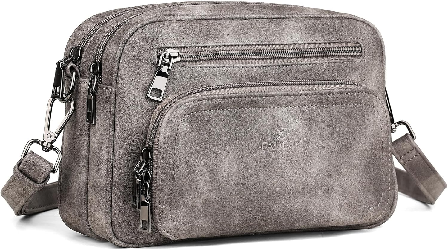 FADEON Crossbody Bags for Women Multi-pocket Leather Crossbody Purses, Designer Shoulder Bag Adjustable Removable Strap Grey