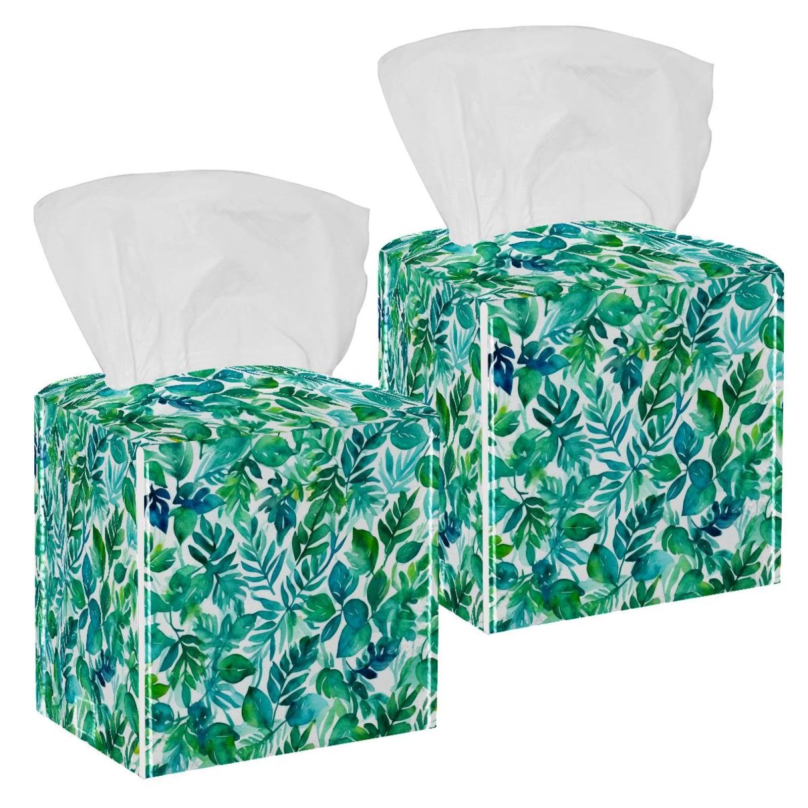 Colored Leaves Tissue Box Cover, 2 Pack PU Leather Square Facial Tissue Dispenser Box holder for Home Office Car