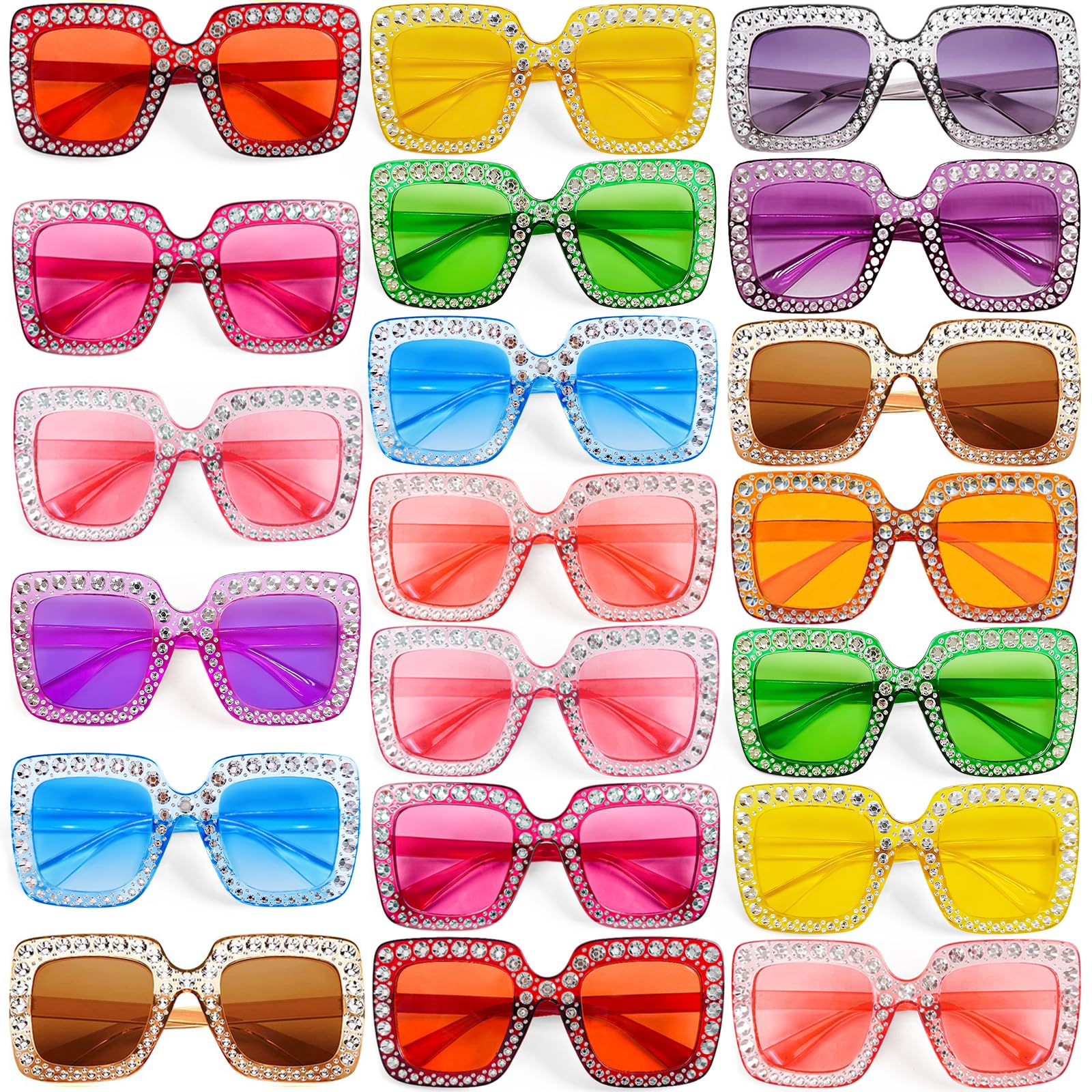 Geopty 10/20 Pack Crystal Oversized Square Sunglasses Retro Diamond Glitter Sparkling Disco Glasses Party Favors