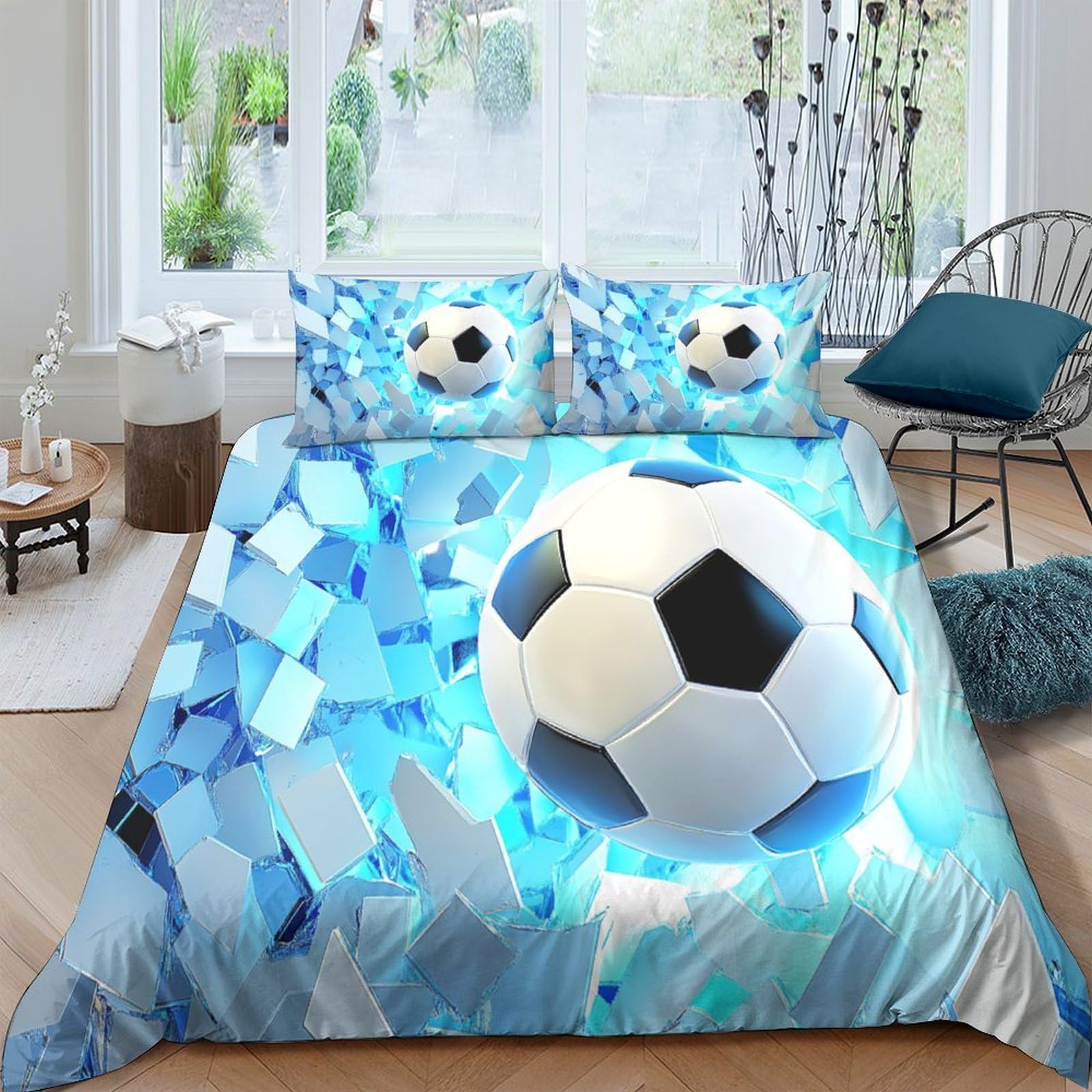Ctjqhvkz Style-10 3D Printed Blue Geometric Soccer Fitted Sheet Microfiber Soft Bed Cover, Bedroom Dorm Mattress Protector Decor Single（135X200cm）