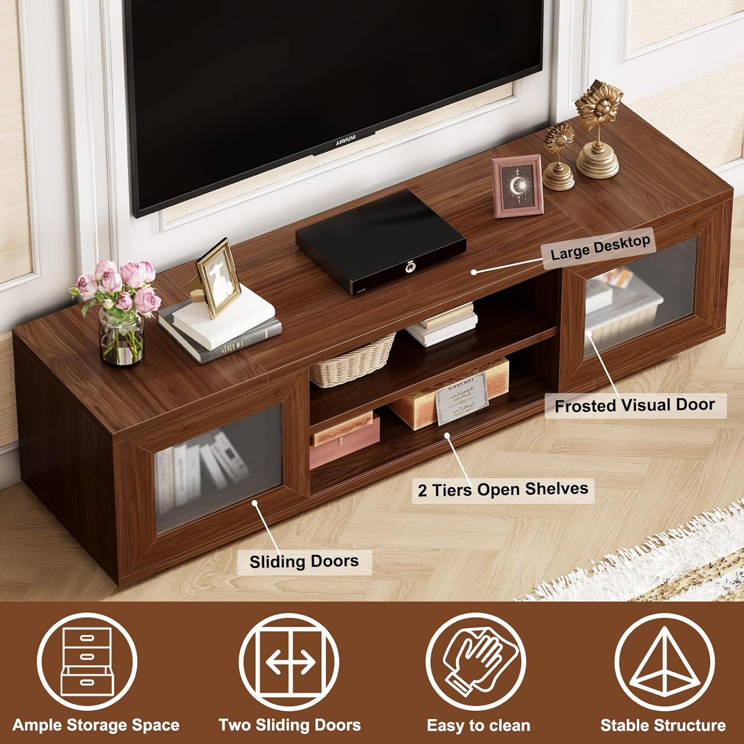 HSH Walnut TV Stand for 60 Inch TVs,Entertainment Center with Storage and Sliding Doors,Farmhouse Low Tv Stand Wood for Living Room,Media Console Cabinet for Bedroom,55 Inch